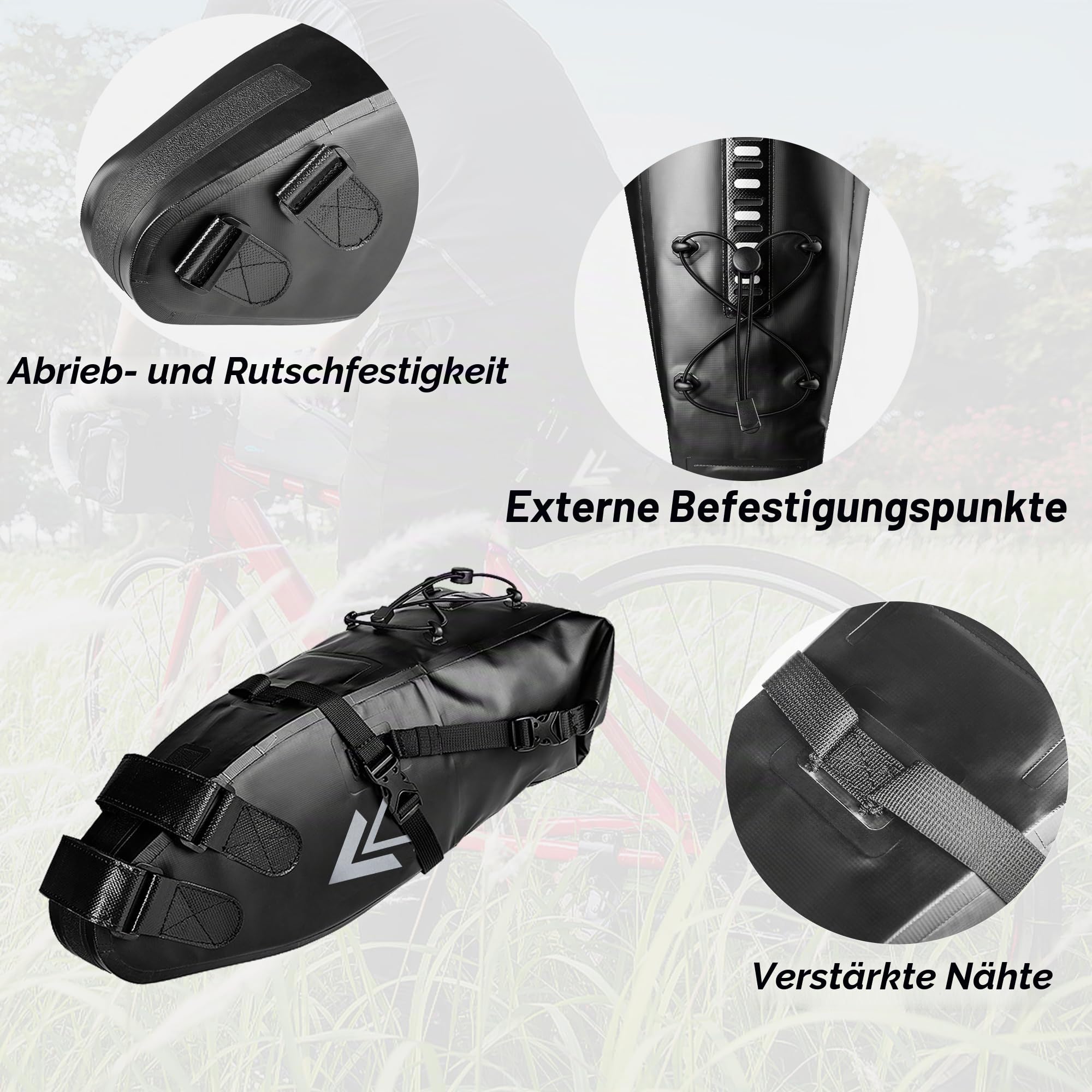 wasserdichte Fahrrad-Satteltasche - 13L Rollverschluss Fahrradsatteltasche Unter Sattel Aufbewahrungstasche für Mountainbike Rennrad Reisen (Schwarz)