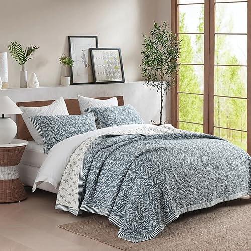 Miniatura 2 de SahSahCasa Juego de edredón tamaño Queen, juego de ropa de cama 100% algodón, patrón botánico, color liso, elegante, ligero, acolchado para cama