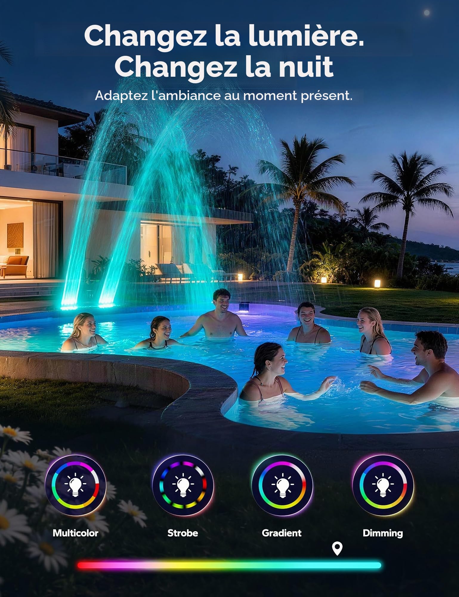POOLHACKER Fontaine de piscine solaire avec éclairage LED 10 couleurs, design nouvellement affiné, capteur crépusculaire automatique et minuterie, télécommande, jet réglable à double tête pour