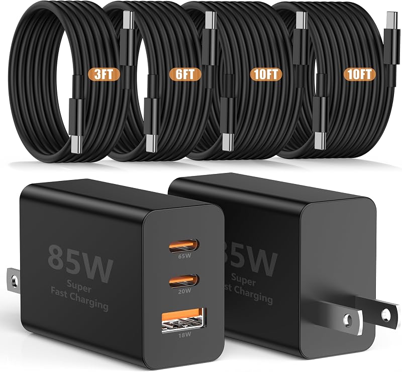 Susnwere Cargador de pared USB C de 85 W para Samsung S26 Ultra, 3 puertos 100 W PD Quick 3.0 tipo C carga con cable USB C de 3/6/10/10 pies para teléfonos Samsung Galaxy S26+/S25/S24/S23 Ultra/S22/S21/S20/Android