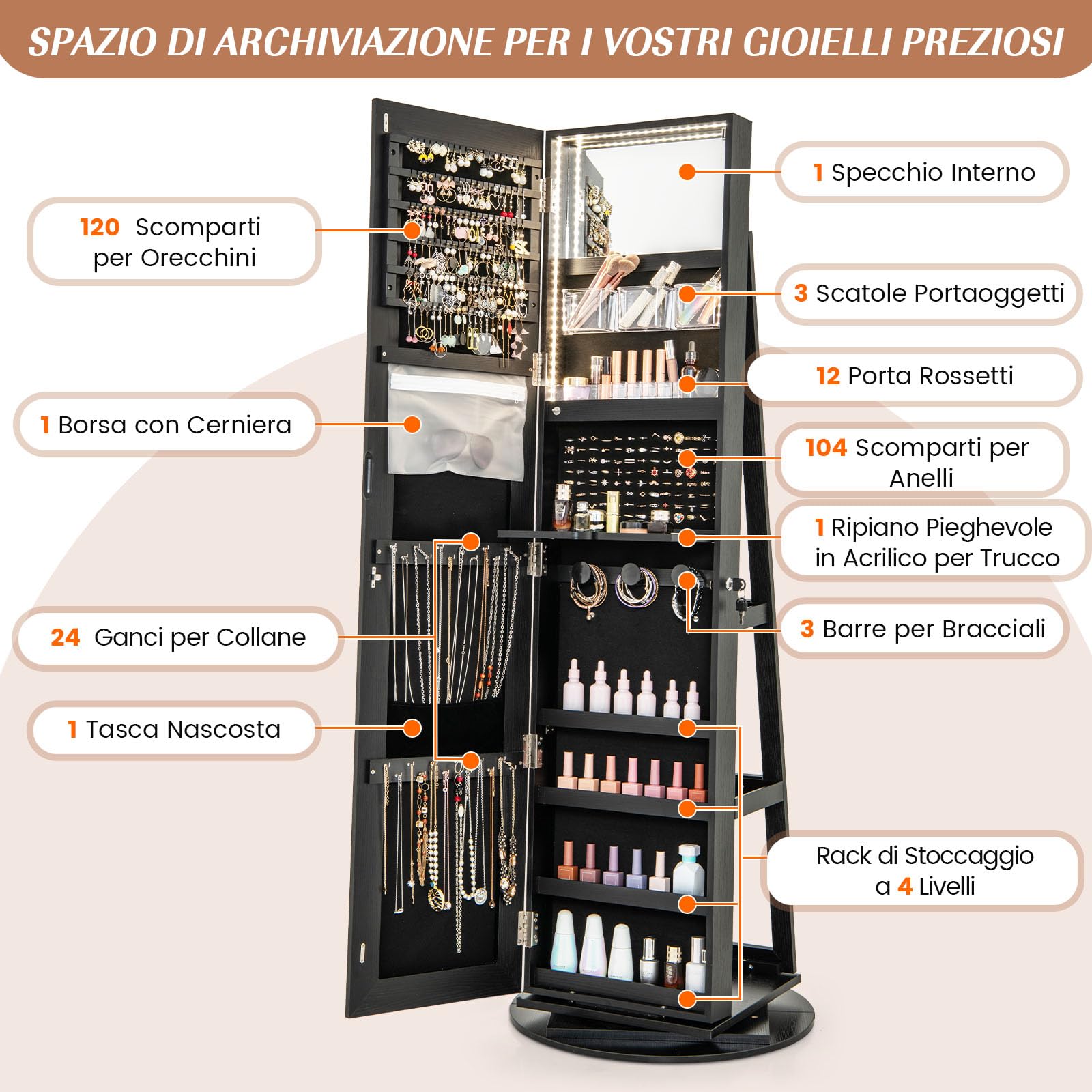 GYMAX Armadietto per Gioielli Girevole a 360°, con Specchio a Figura Intera Luce a LED a 3 Colori, Specchio Interno per il Trucco con Serratura, 54,5 x 54,5 x 161cm (NERO)