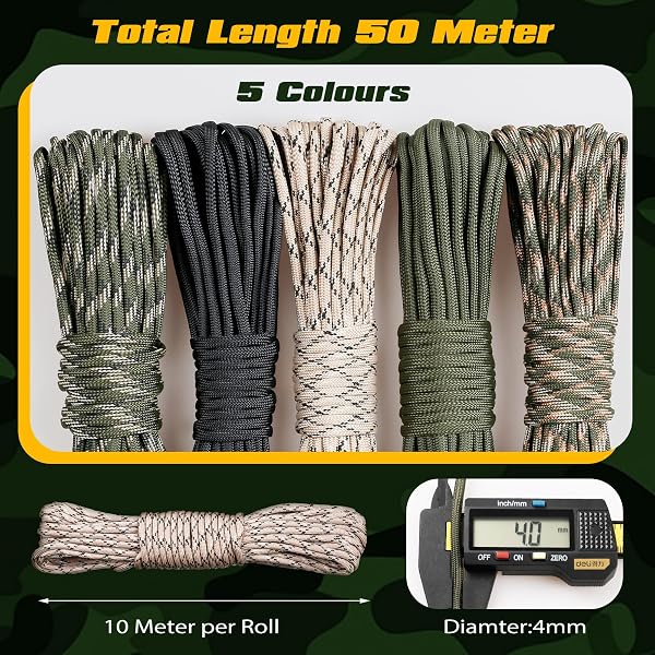 VABNEER 5 Rollos x 33ft/10m Paracord, Paracord 4mm, 7 Hilos de Núcleo Cuerda Paracord 550 hasta 250 kg - 5