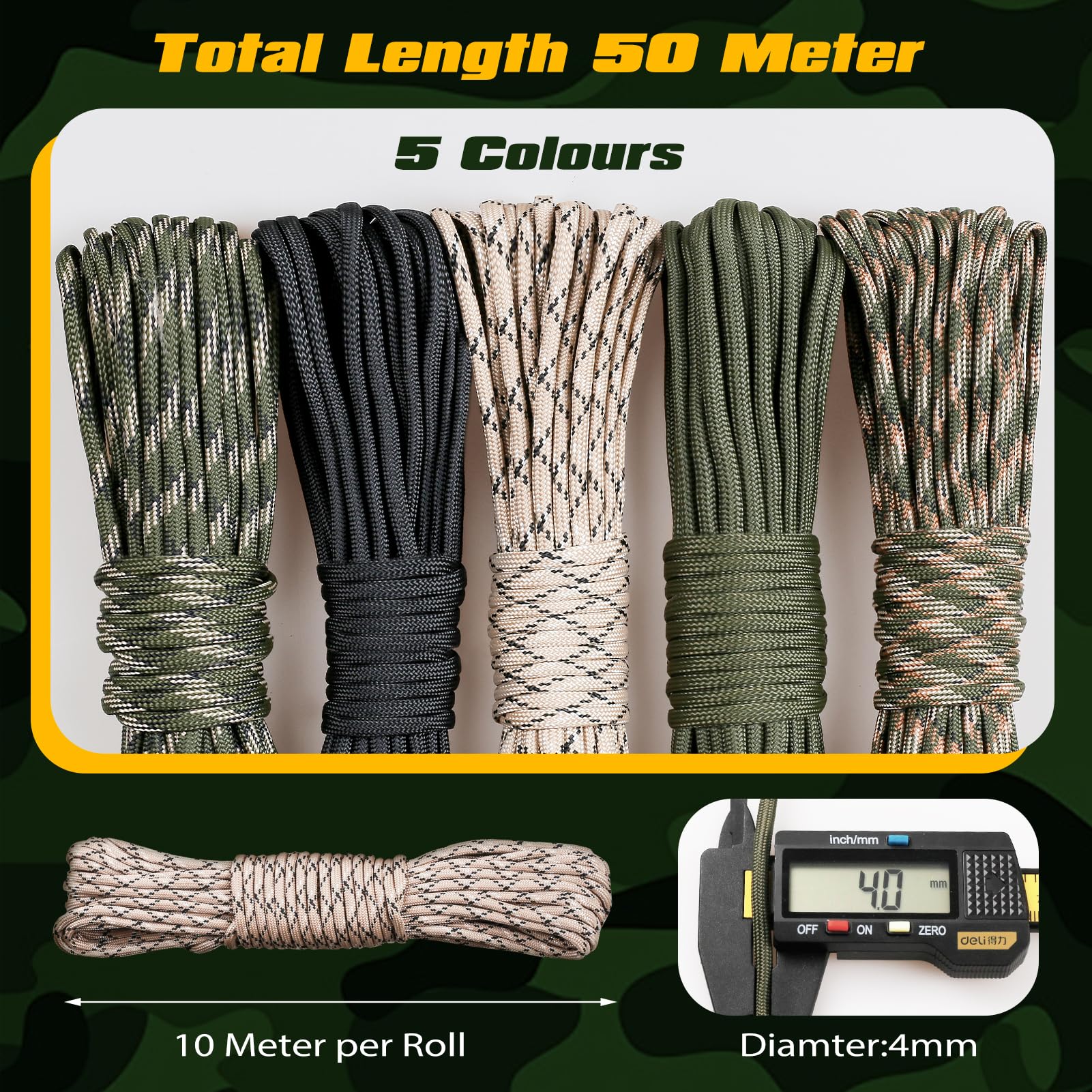 VABNEER Paracord 550 4mm 7 Hilos 33ft/10m 250 kg