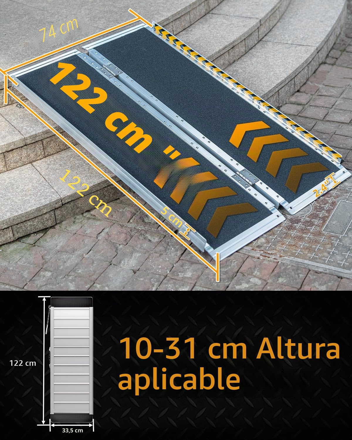 Rampa para Silla de Ruedas 122CM, Capacidad 363KG, Rampa Plegable Antideslizante de Aluminio con Superficie de Carborundo para Escalones, Umbrales, Bordillos, Escaleras y Coches