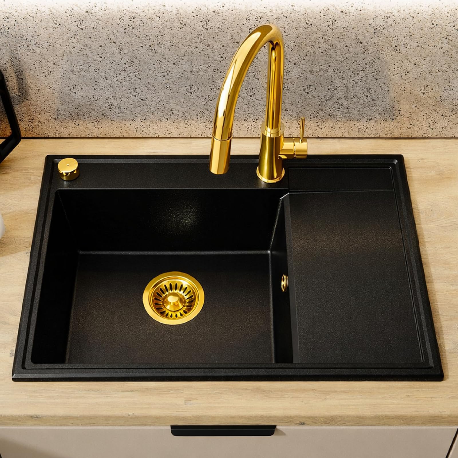 QLS Sifón automático para un fregadero 3 1/2" dorado | Diseño compacto de PVC e inox con conexión para lavavajillas o lavadora, kit de montaje y juntas