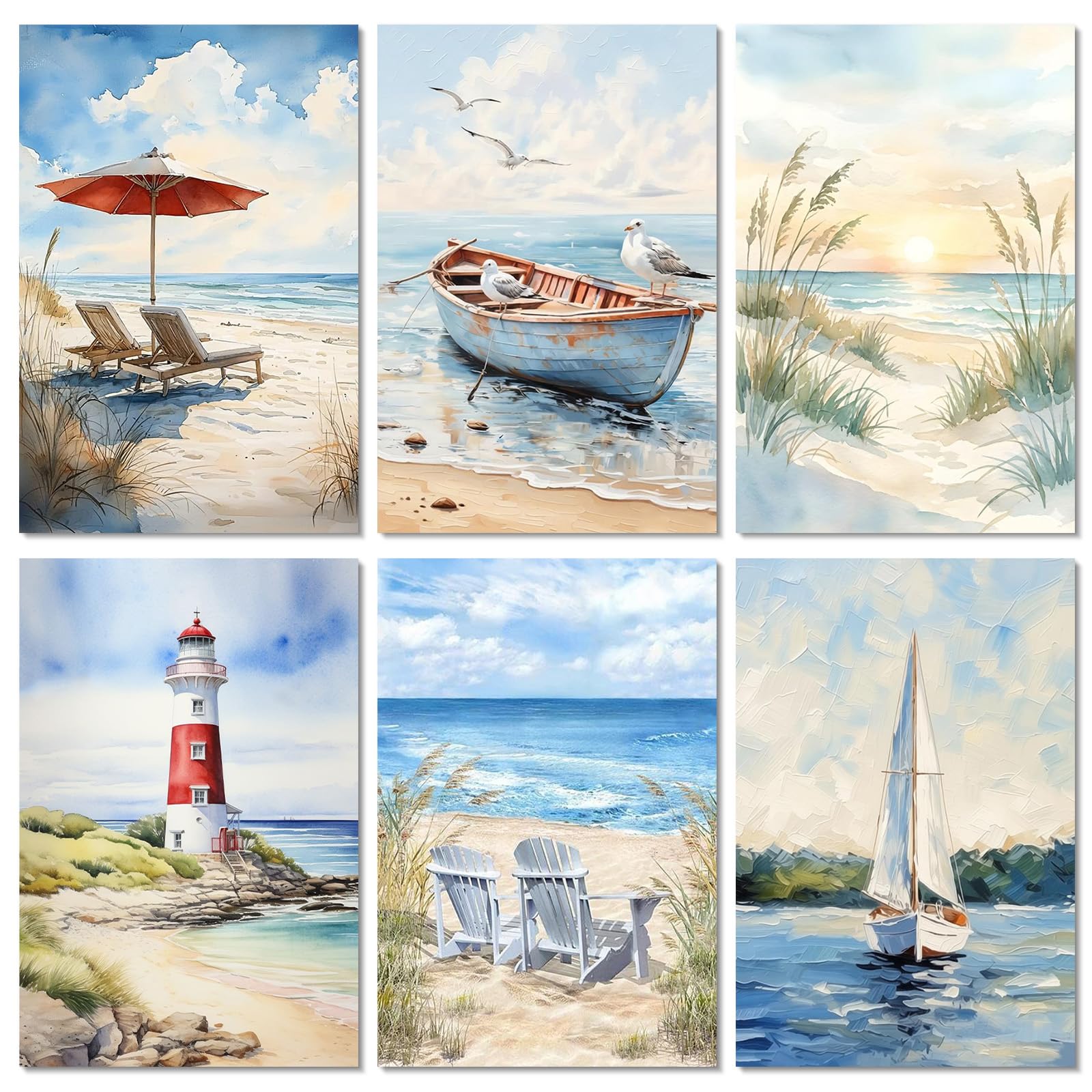 Kalonyth 6 Pack Beach Paint by Numbers for Adults, 8x12 inch, No Framed