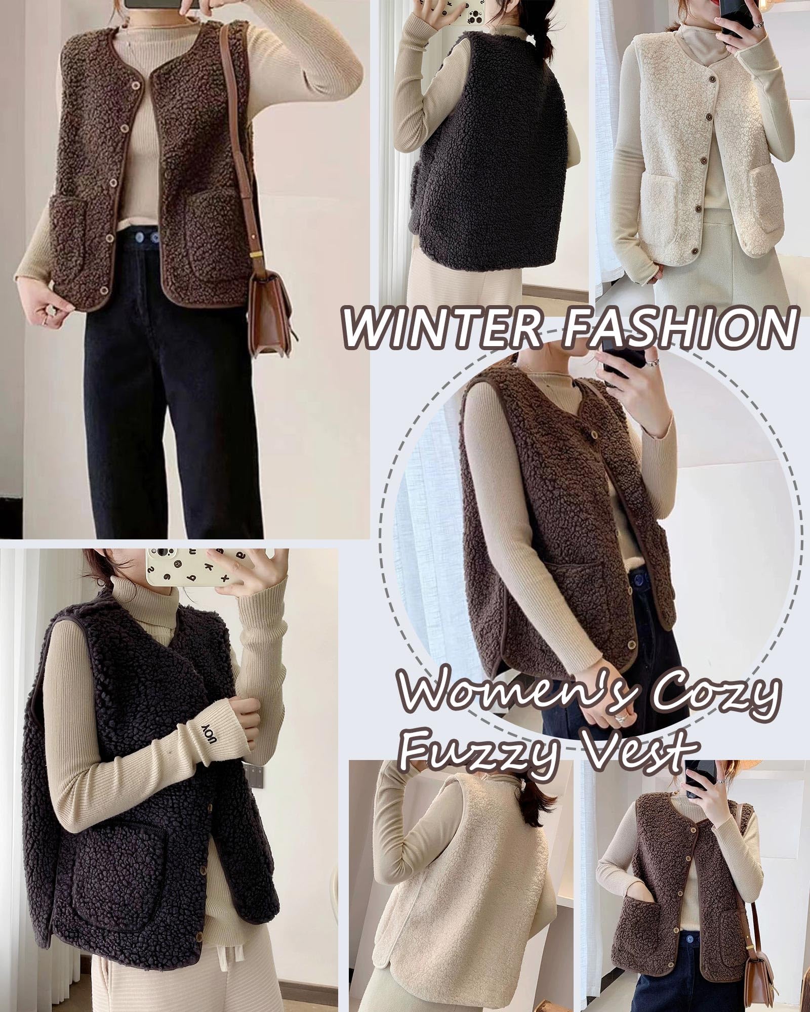 Yutdeng Gilet sans Manche Femme Automne Hiver Gilet en Molleton Classique Gilet Polaire Femme Doux Couleur Unie Veste sans Manches Chaud Manteau sans Manche Blouson Mode Matelassée Poches Bouton Fille