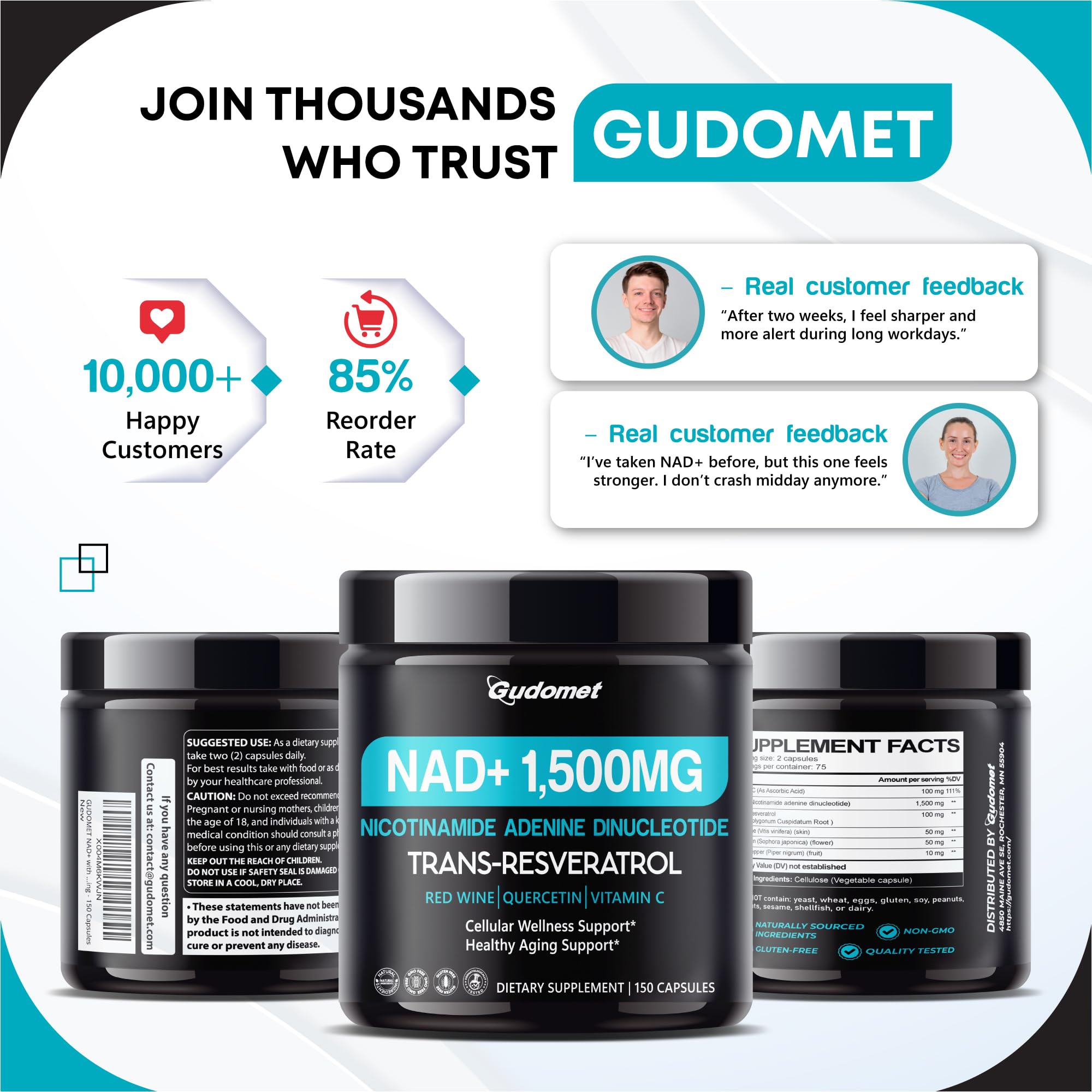 NAD+ with Trans-Resveratrol, Red Wine, Quercetin & Vitamin C – Supports Cellular Wellness & Healthy Aging-150 Capsules- Made in The USA