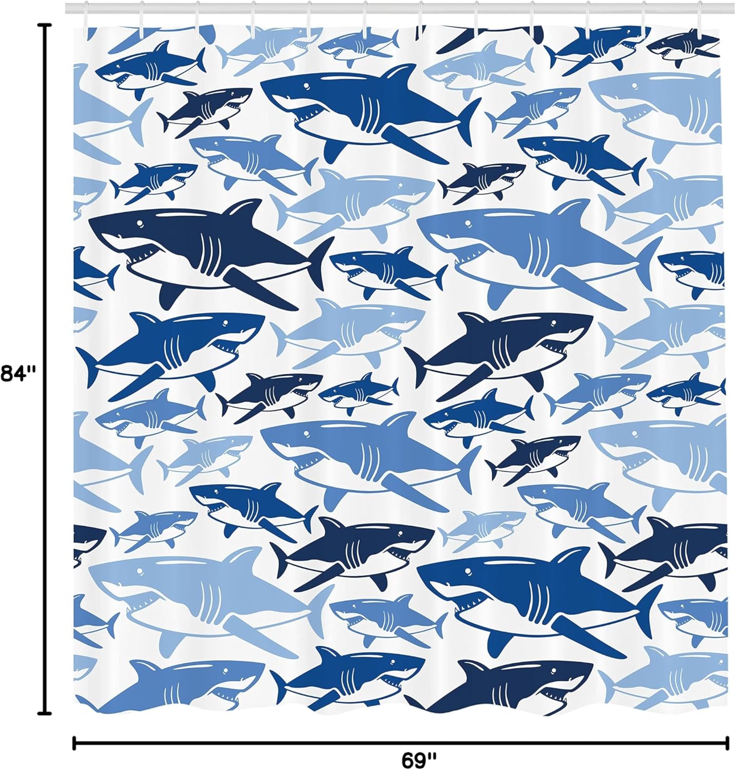 Ambesonne Shark Shower Curtain, Colorful Underwater Fish Pattern Masters Survival Predators Dangerous Nature, Cloth Fabric Bathroom Decor Set with Hooks, 69" W x 84" L, Navy Blue