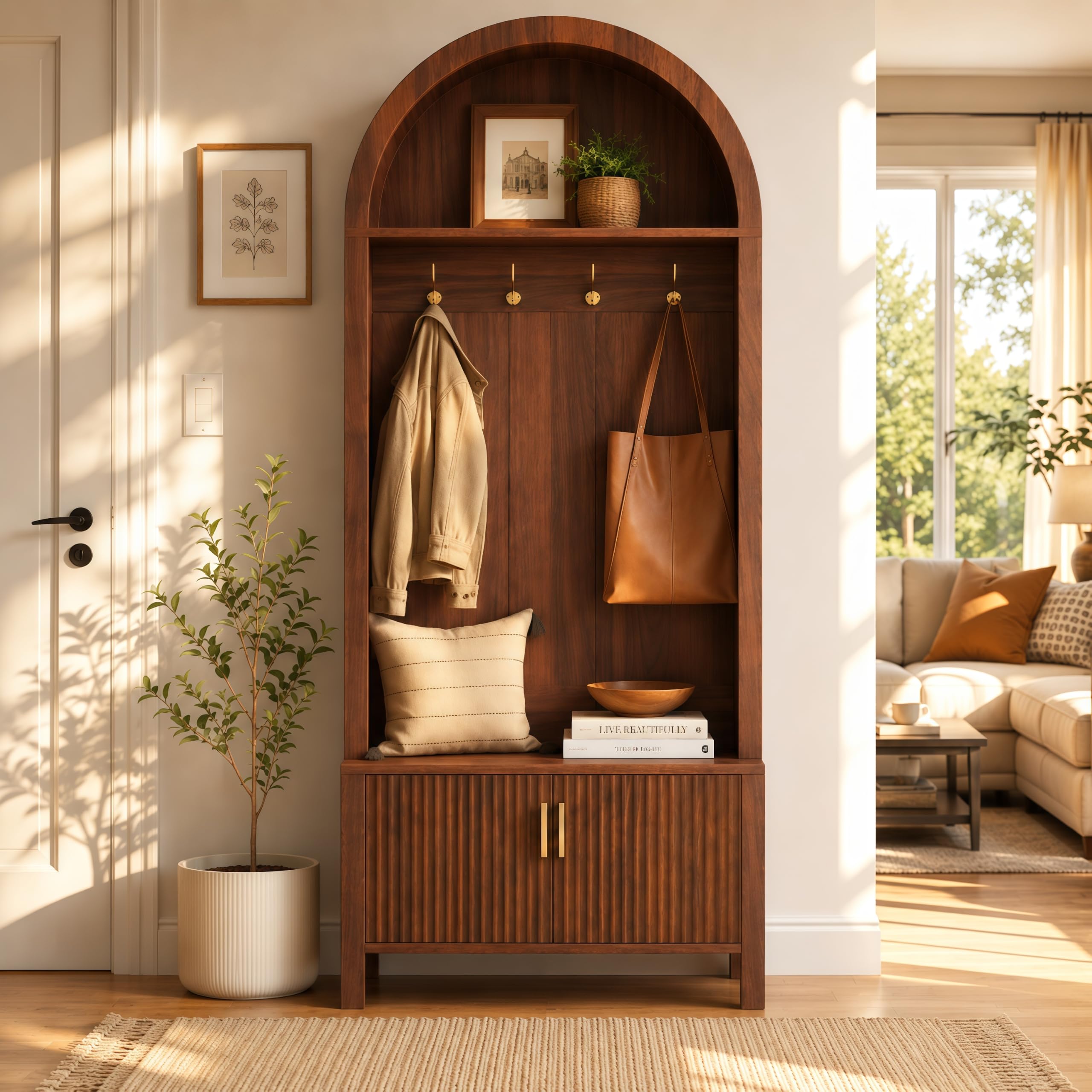 Photo 1 of Bellemave Hall Tree with Bench and Shoe Storage, Walnut