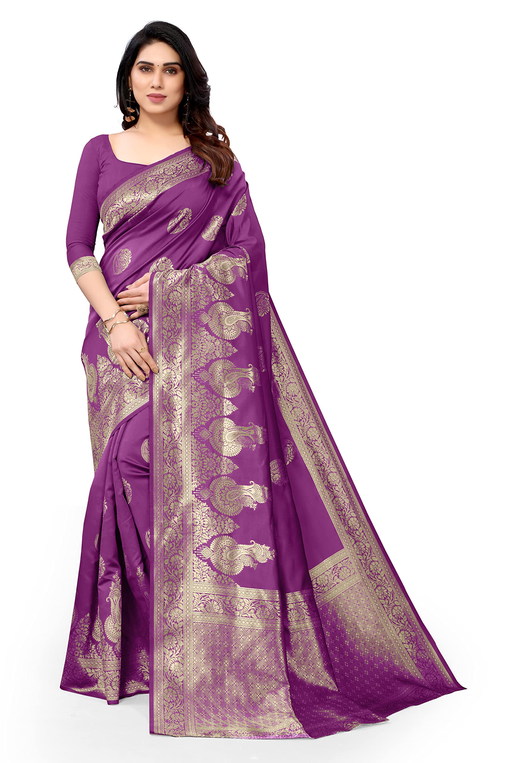 MIRCHI FASHIONWomen's Traditional Banarasi Silk Blend Floral and Paisley Zari Woven Butta Saree with Blouse Piece, Purple, Golden, 5.5m
