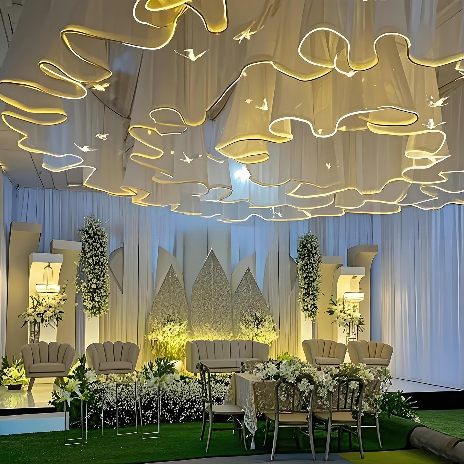 100m de Cortinas de Techo con Luces - 10 Paneles Listos para Colgar para Decoración de Bodas y Fiestas, Velo Luminoso de Tul como Fondo Fotográfico, Cortina y Drapería de Tul 70cmH-White