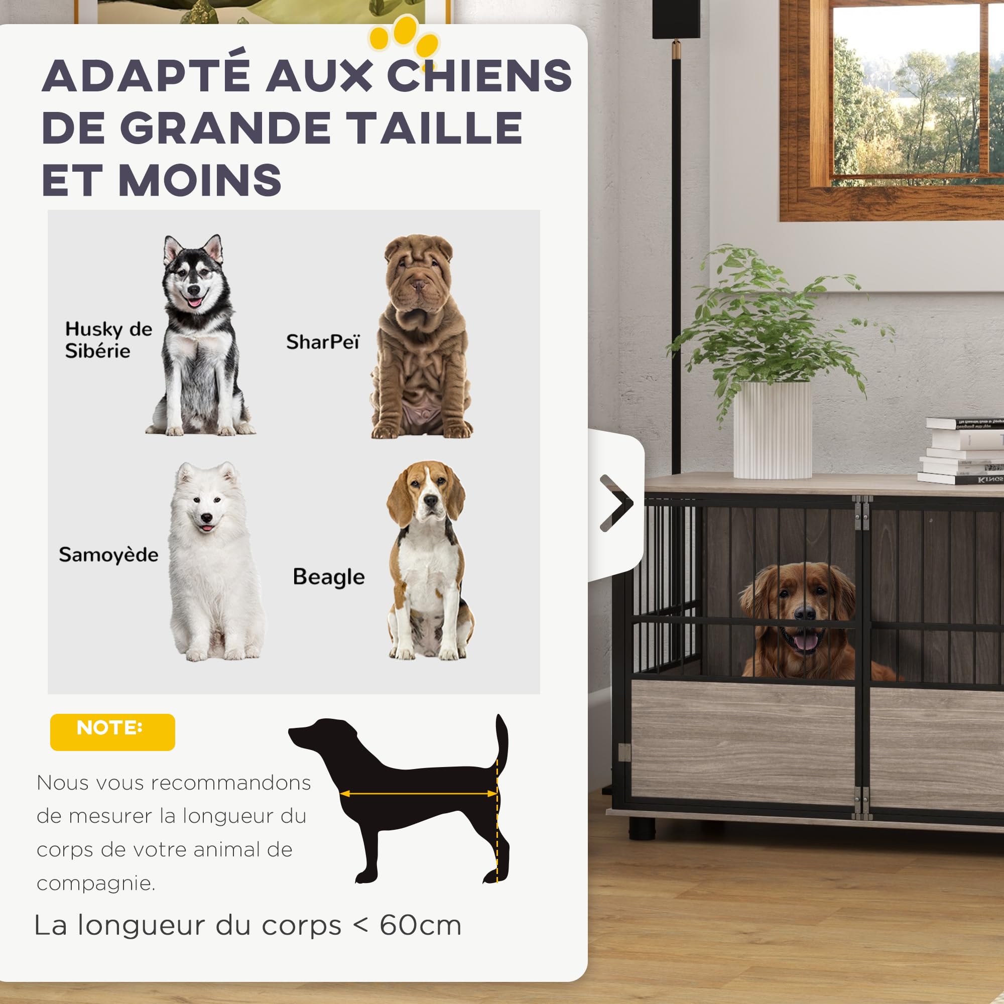 PawHut - Jaula para perro interior, mesa auxiliar, 100 x 60 x 68 cm, para perros hasta 30 kg, 3 puertas con cerradura, montaje fácil, aspecto madera negro