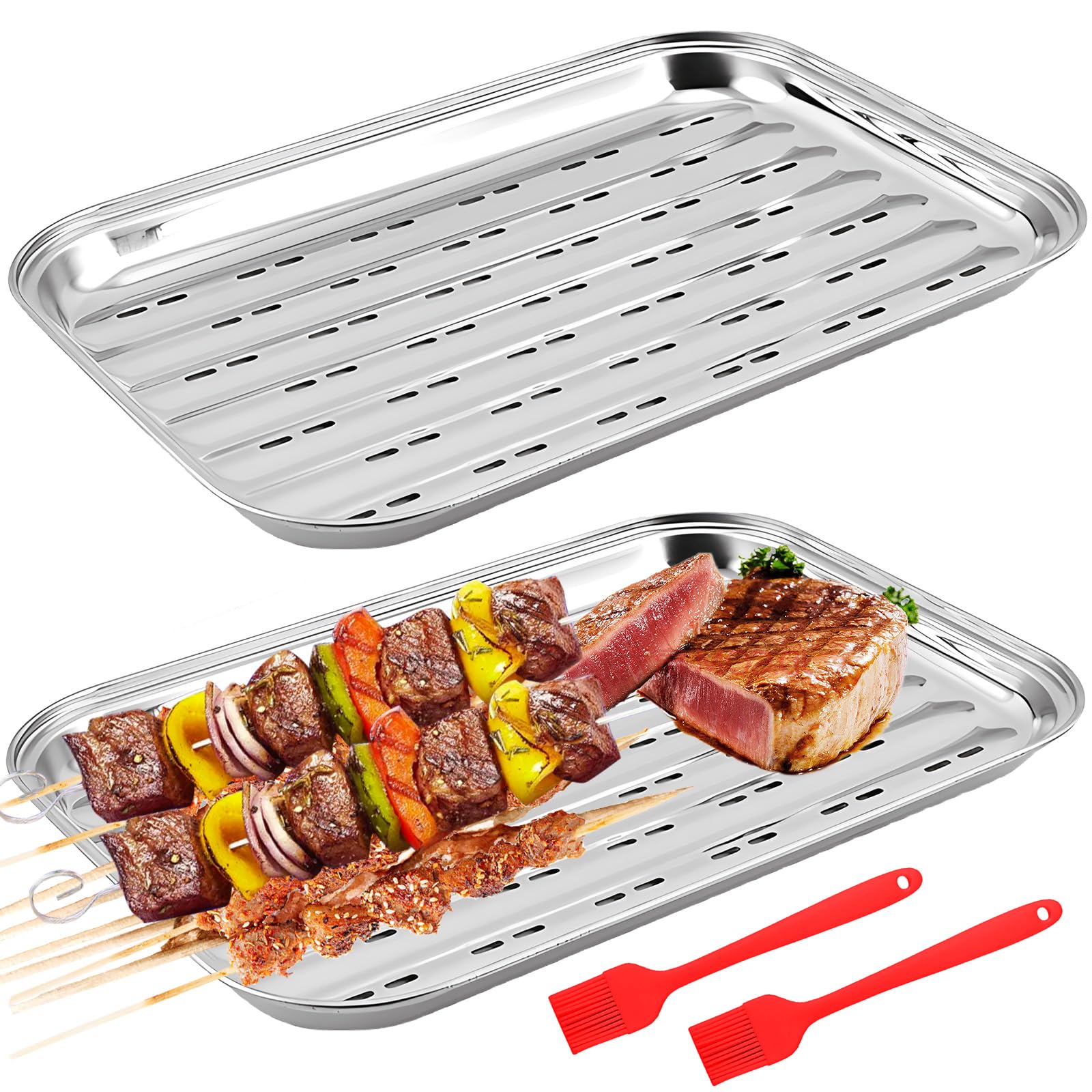 2 tacki do grillowania wielokrotnego użytku, ze szczotką: 34,9 x 24,5 x 2,7 cm, ze stali nierdzewnej, wielokrotnego użytku, kosz na warzywa, akcesoria do grilla na warzywa, ryby lub mięso, gazowe