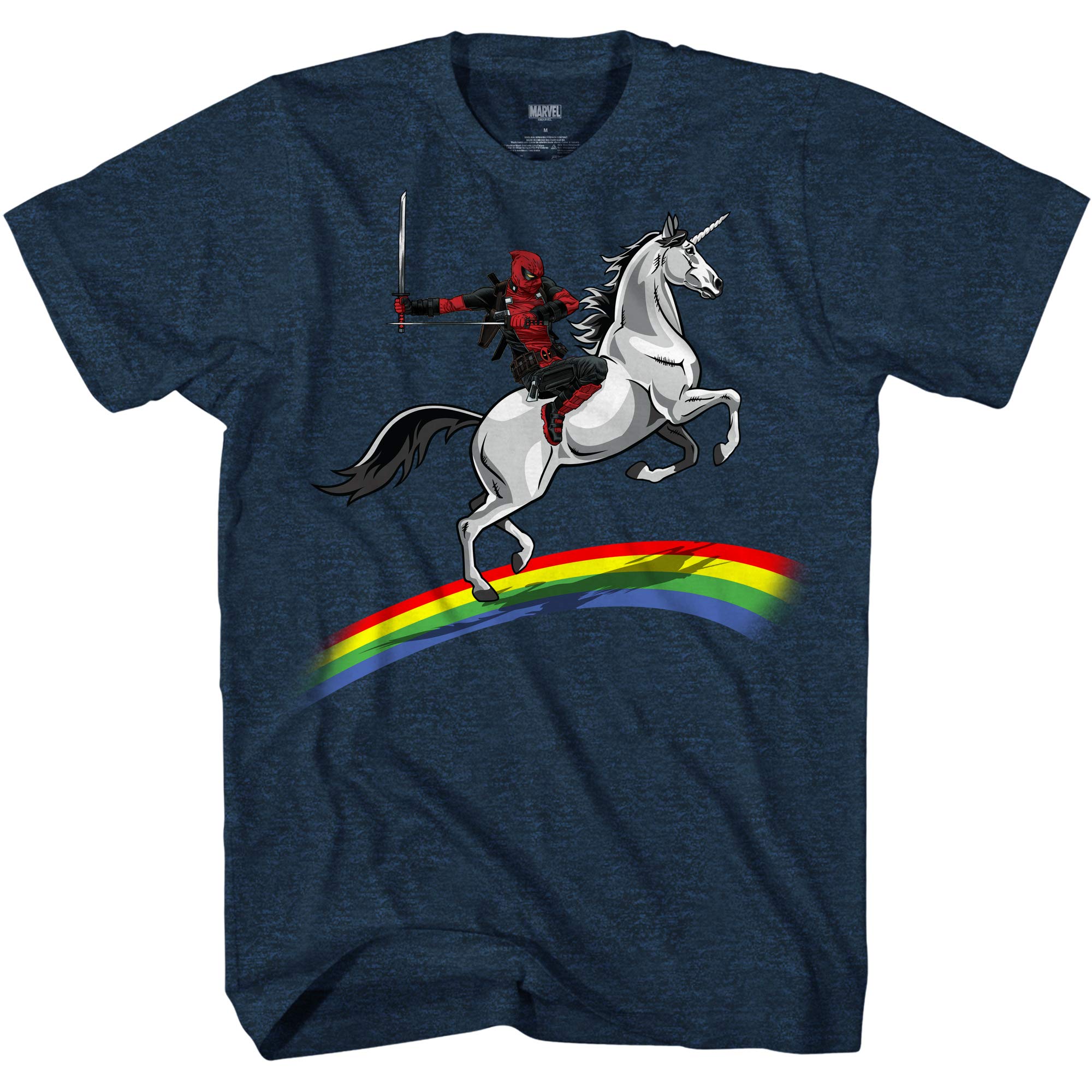 MarvelDeadpool Riding A Unicorn On A Rainbow T-Shirt, Navy Heather