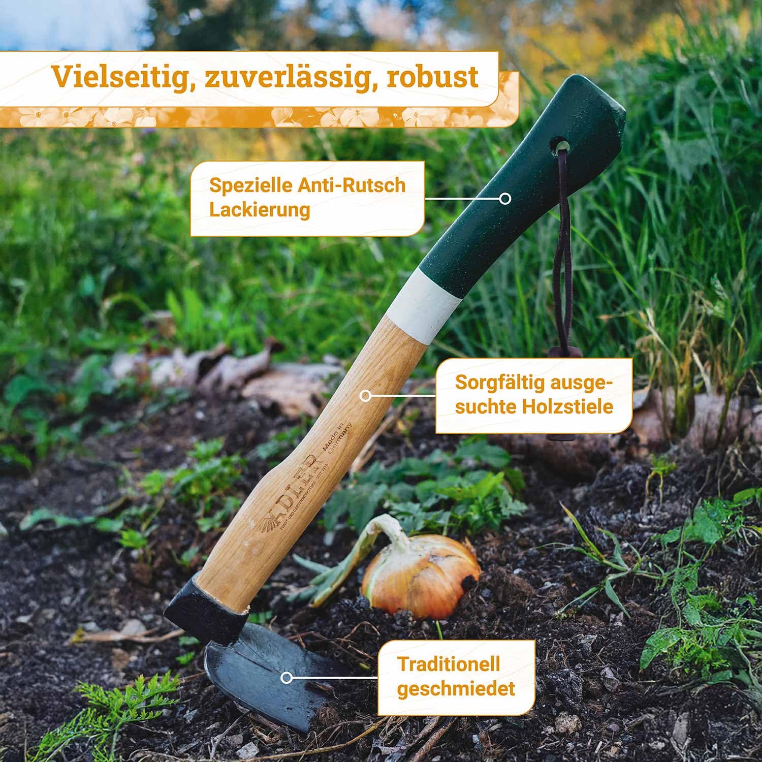 ADLER Zappa Ivy – Zappa da giardino forgiata – C45 acciaio manico in frassino – Made in Germany – Ideale per aiuole, diserbo e allentamento – Certificazione FSC® (naturale, L – 1 350 mm)