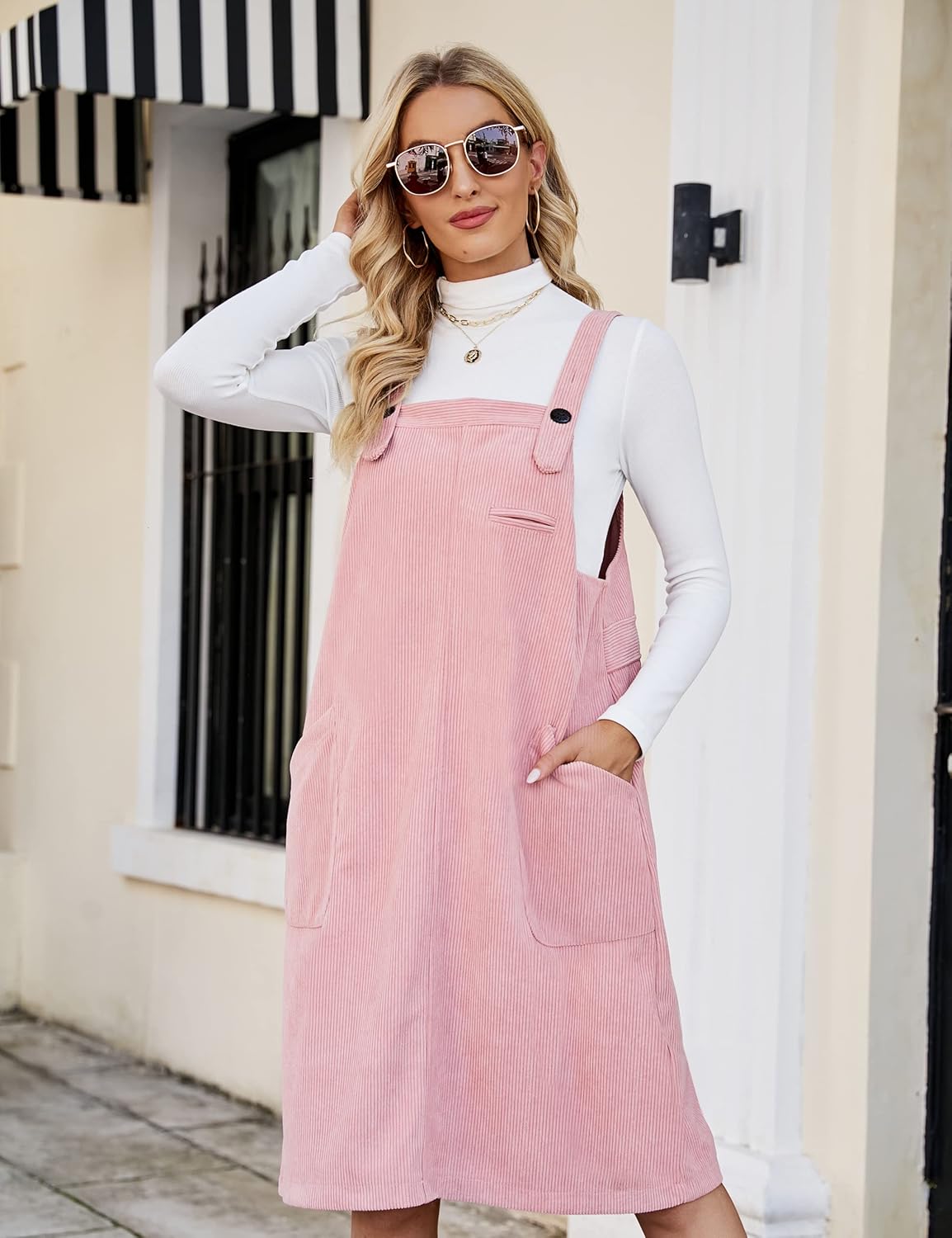 Flygo Women's Corduroy Jumper Overall Pinafore Midi Dress Skirt with Pockets - Image 4