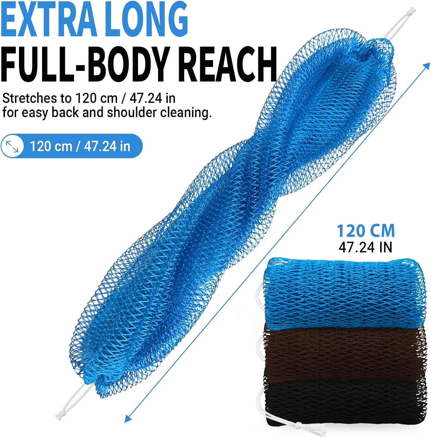 African Net Sponge Authentic, 3 Pack Shower Loofah Exfoliating Net Sponge with Knots, 47.2 Inch Long Stretchable Body Scrubber Back Washcloth, Travel Portable Quick-Dry Spa Gifts (Brown+Blue+Black)