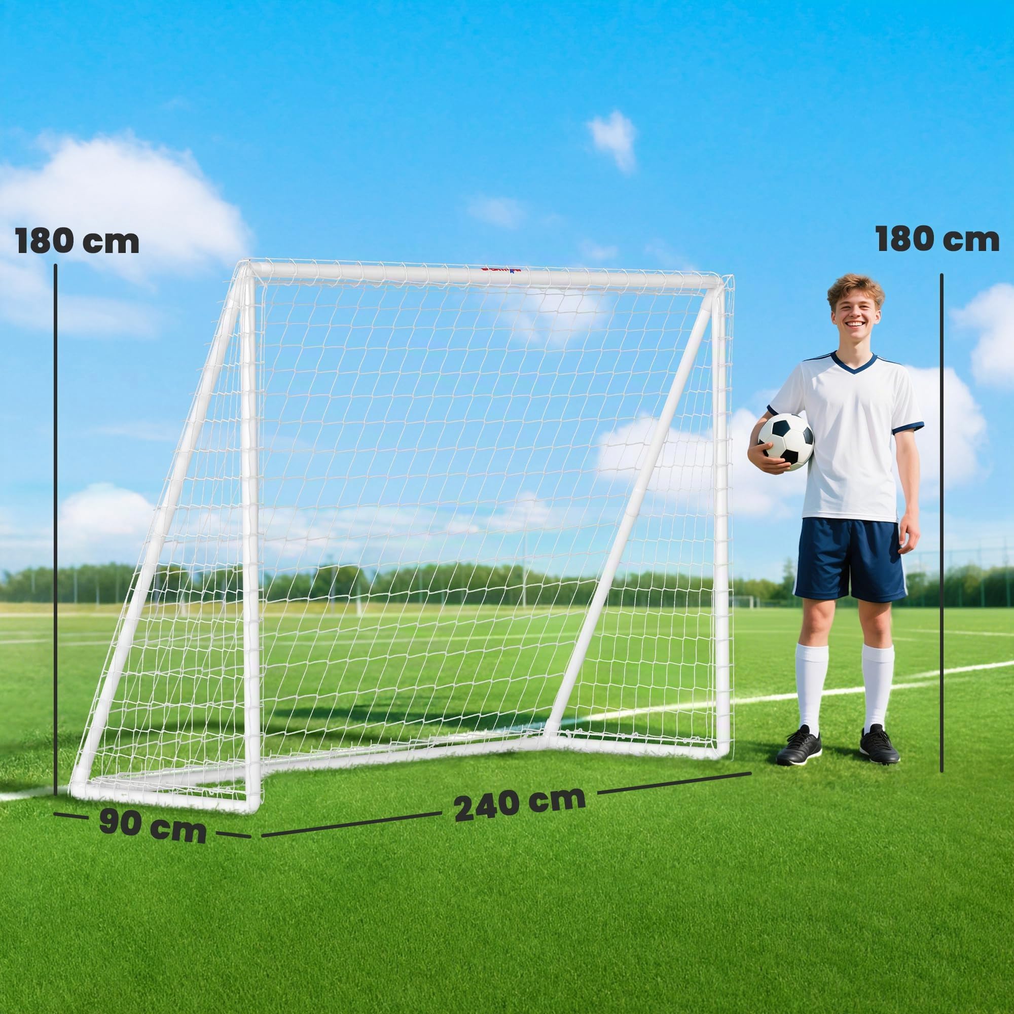 SPORTNOW But de Football 2,4 x 1,8 m avec Filet Poteaux en PVC Blanc | Cage de Foot pour Jardin ou Parc, But d'Entraînement, Poteaux en PVC, Piquets de Sol, Installation Rapide