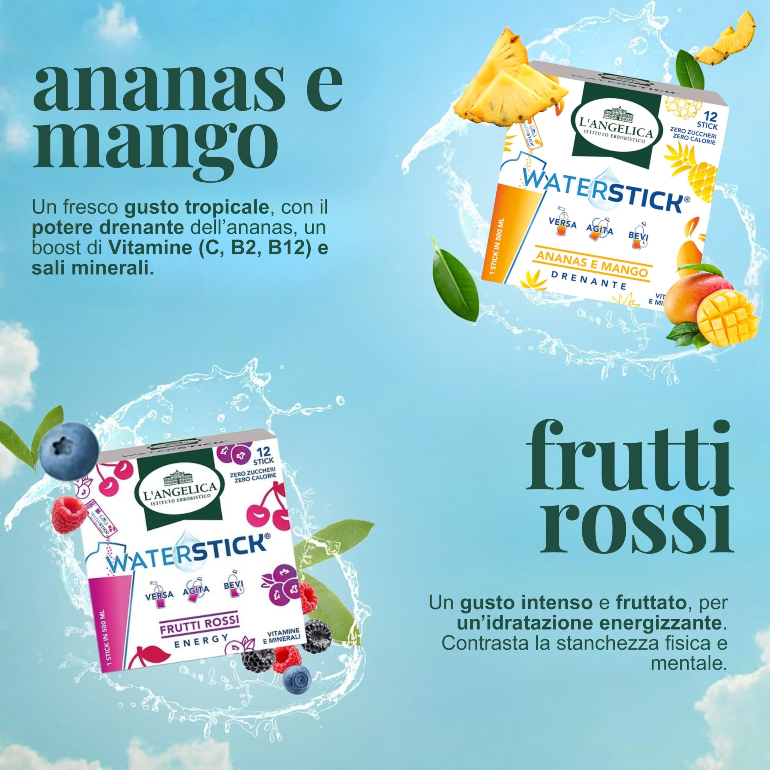 L'Angelica Waterstick Cassa Mista,4 Gusti, Tè alla Pesca, Anguria e Fragola, Mandarino e Arancia, Frutti Rossi,Vitamine e Sali Minerali, Zero Zuccheri e Calorie, Senza Conservanti,4 Astucci da12 Stick