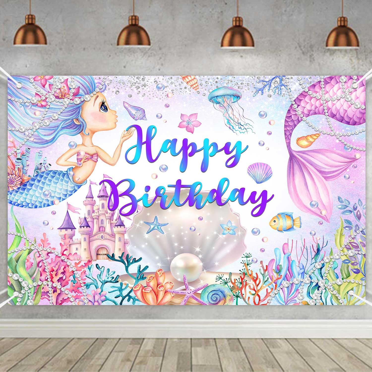 Mermaid Birthday Banner, Mermaid Happy Birthday Party Backdrop Fish Tail Coral Sea Decorations for Girls Photography Background Supplies Photo Booth Props Backdrop, 72X44IN