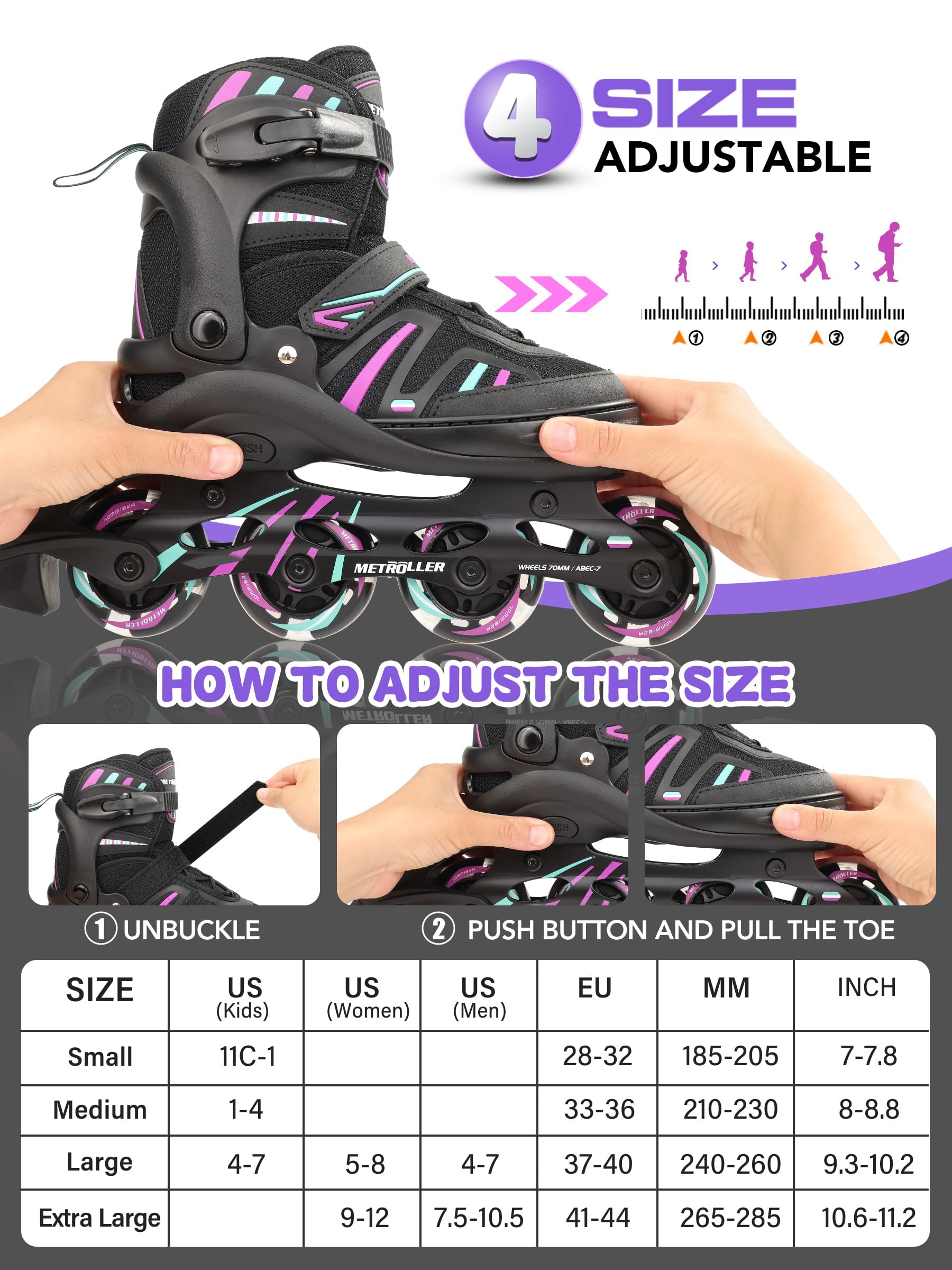 METROLLER Adjustable Inline Skates for Girls Boys with Light up Wheels Roller Skates Kids Youth Fun Beginner Blades Youth Ages 5-8 8-12 Adults Outdoor