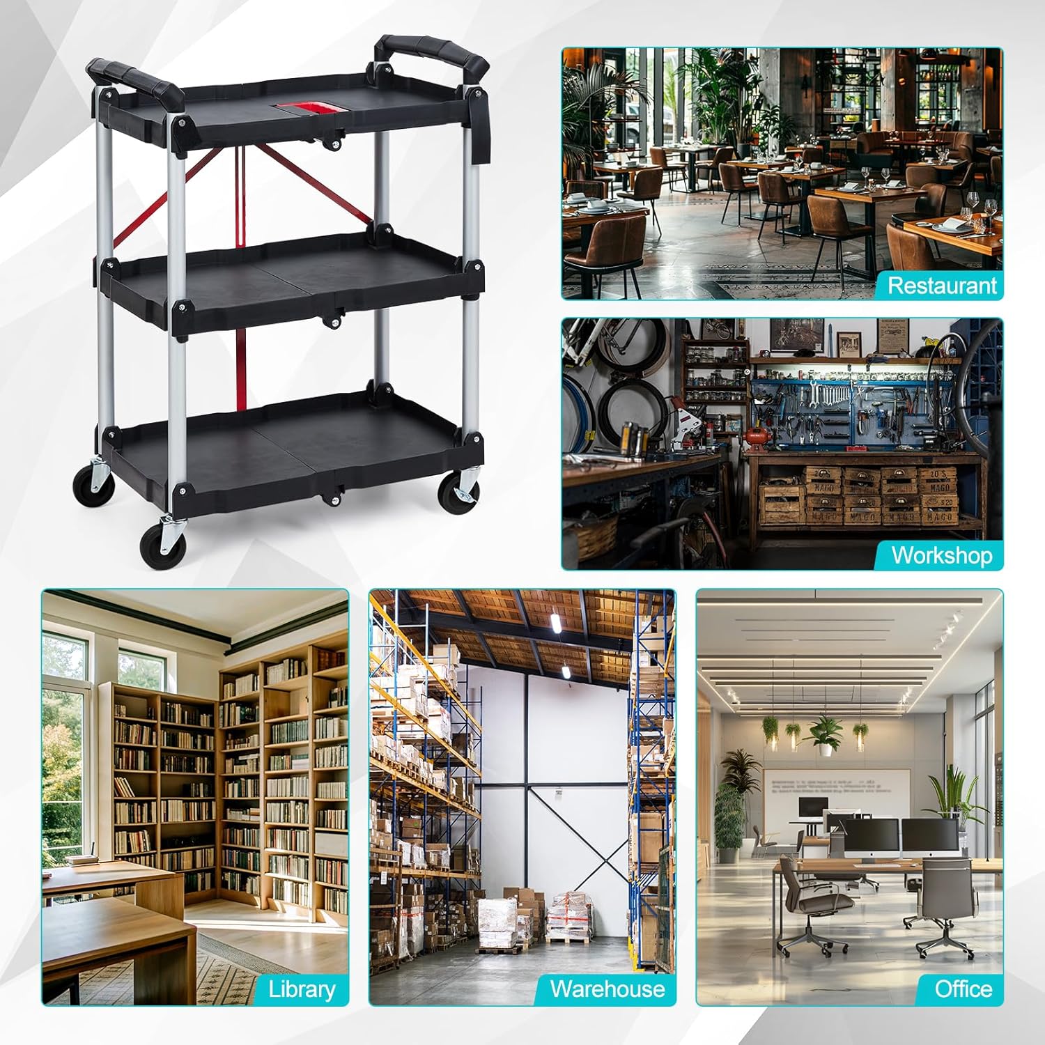 3-Tier Folding Rolling Utility Cart 165Lb Collapsible Service Foldable Tool Cart - Picture 13 of 16