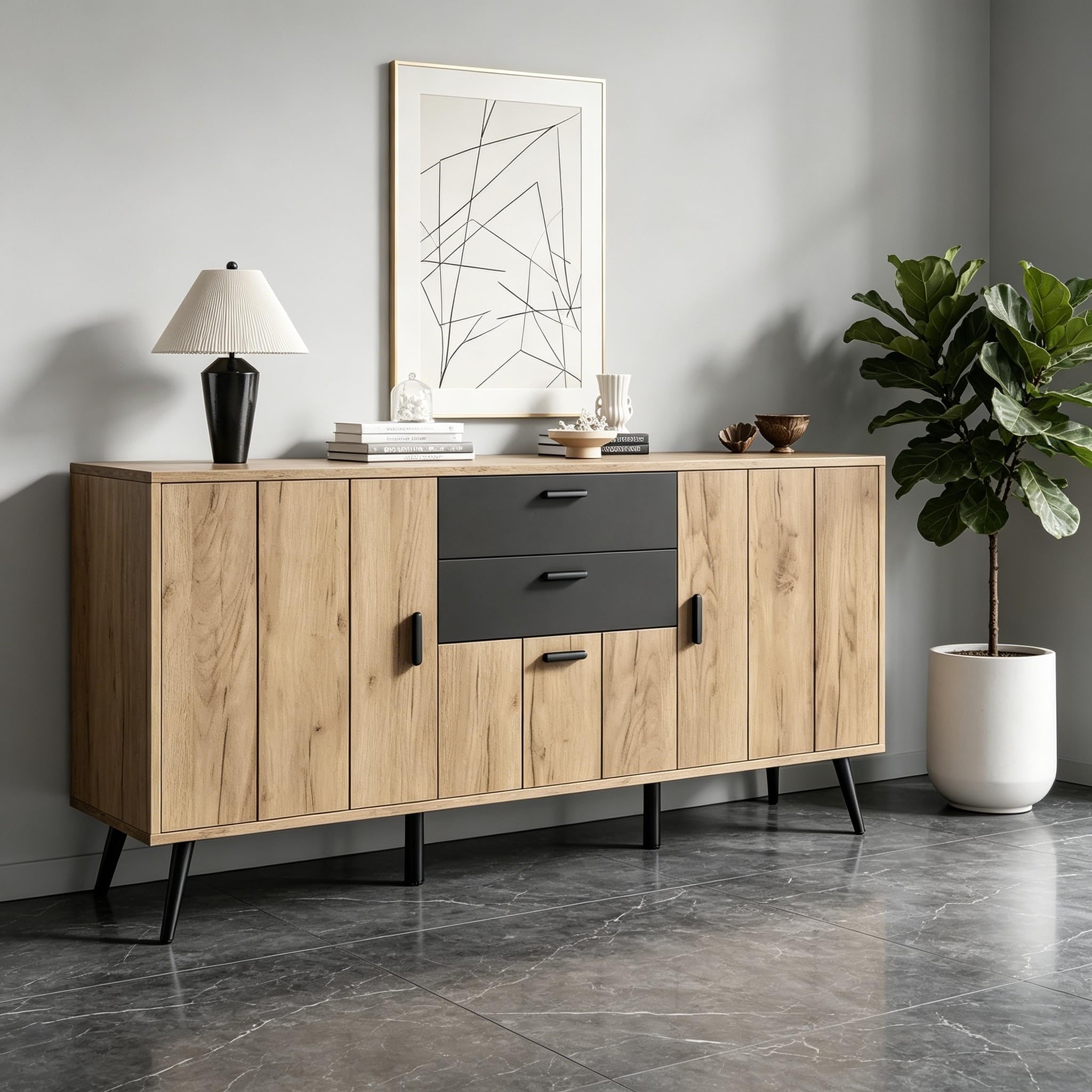Credenza con 3 ante e 2 cassetti, effetto legno e nero, 140 x 35 x 67 cm, per soggiorno, sala da pranzo, cucina