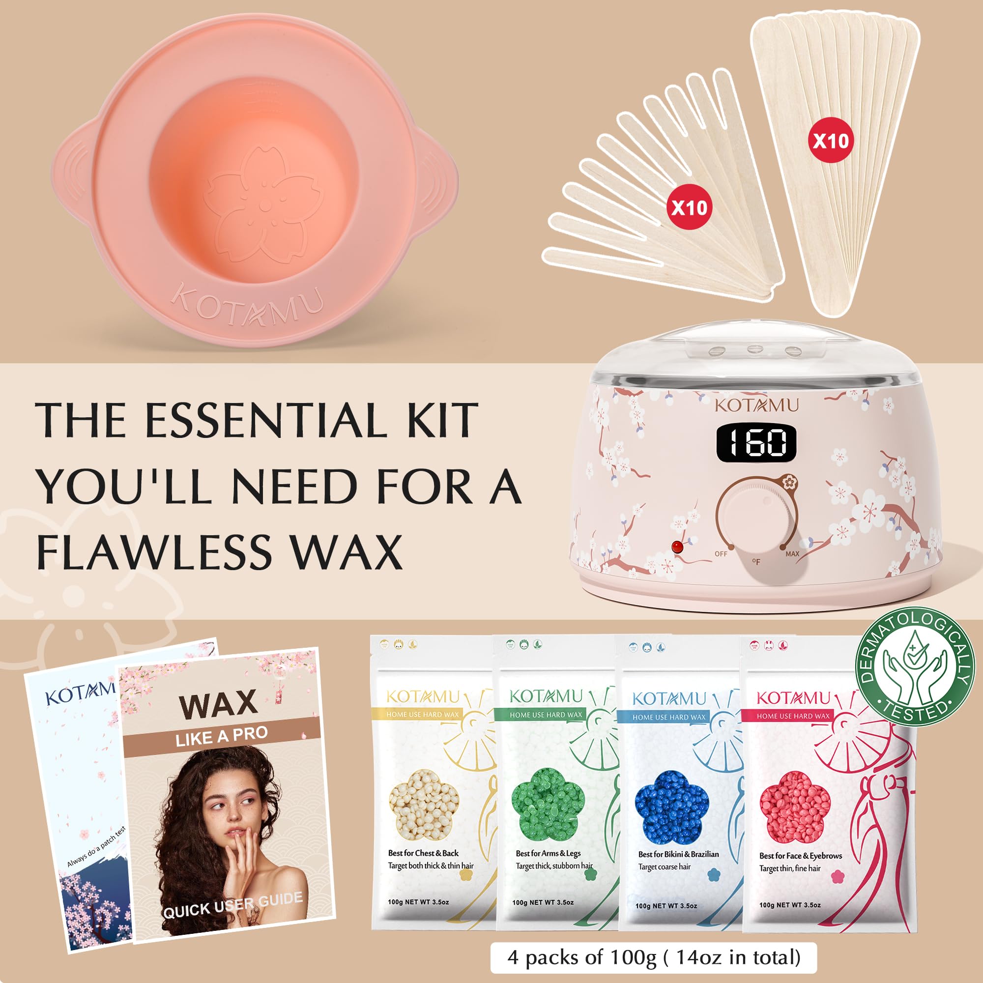KOTAMU Kit ceretta per donne e uomini, scalda cera per depilazione, kit di cera digitale con vasetto in silicone, ideale per viso, sopracciglia, braccia, gambe, ascelle e pelle sensibile, macchina per