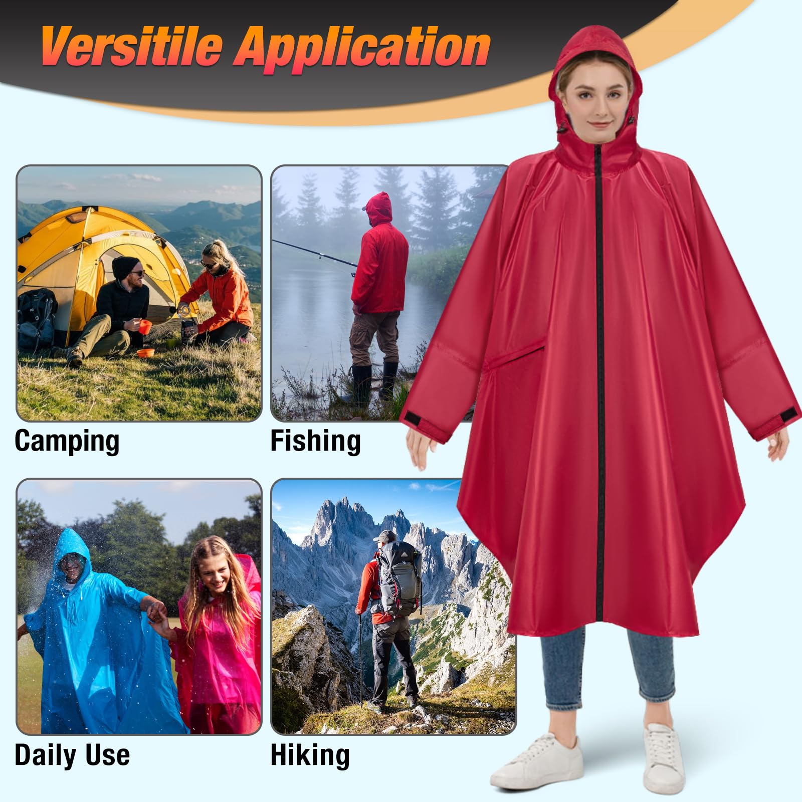 Poncho de pluie imperméable - Fermeture éclair - Capuche et manches - Veste de pluie longue - Randonnée, camping, extérieur