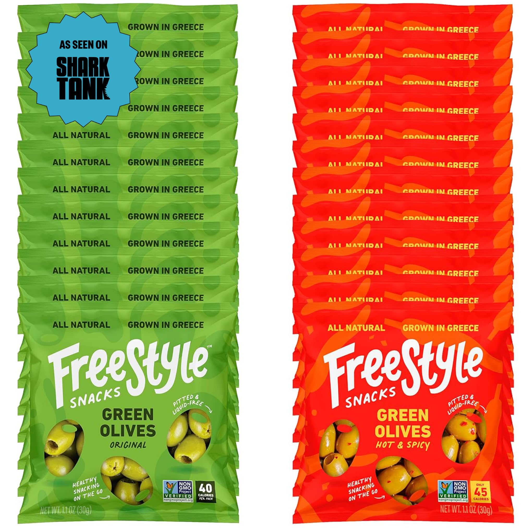 Freestyle Snacks Olive Snack Packs - Single Serve - Fresh Pitted Green Olives, Jumbo-Sized, Grown in Greece, All Natural, Non-GMO, Paleo, Sugar-Free,