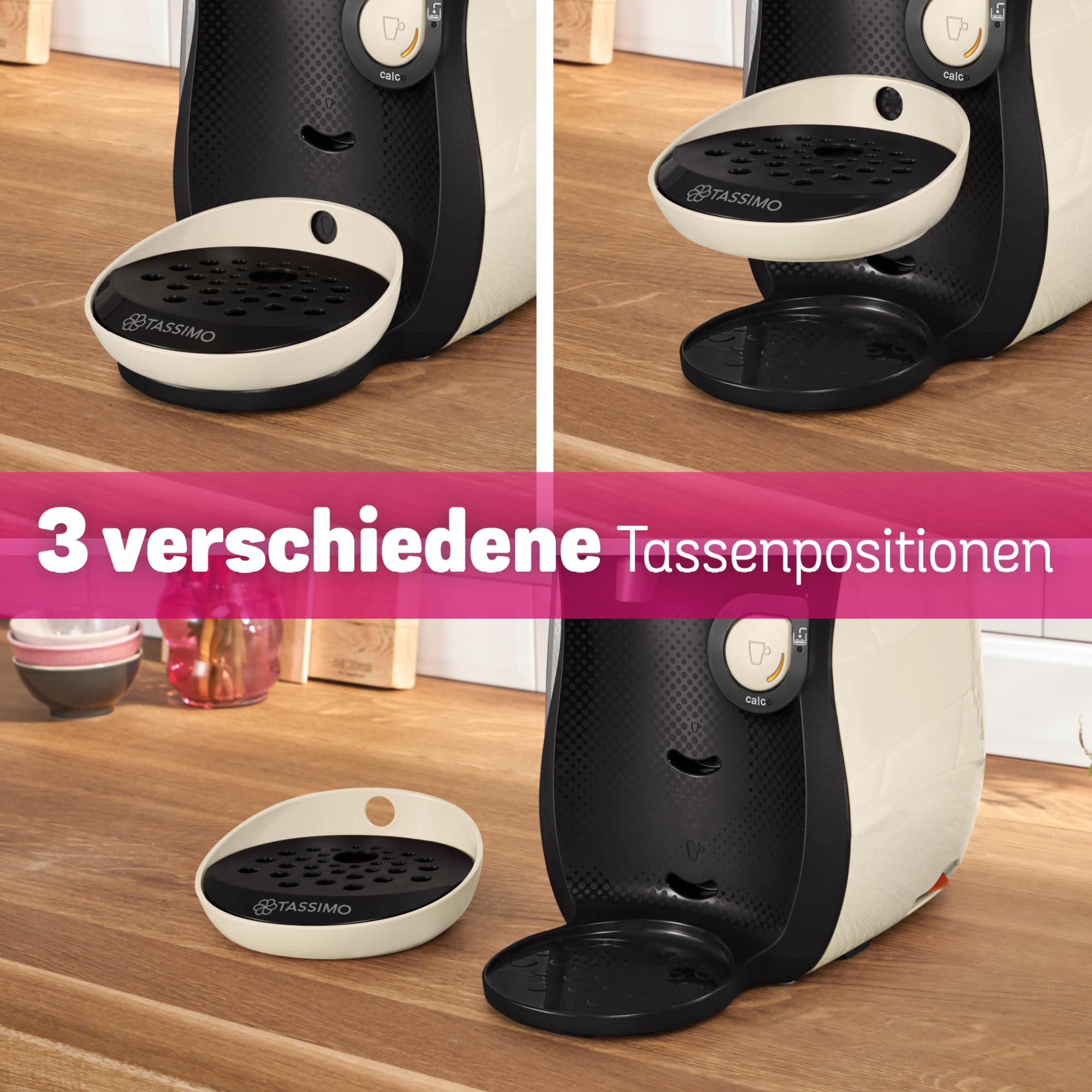Bosch Tassimo happy friendly Kapselmaschine TAS107E, über 70 Getränke, geeignet für alle Tassen, Abschaltautomatik, nachhaltig, perfekt dosiert, platzsparend, 1400 W, creme/schwarz