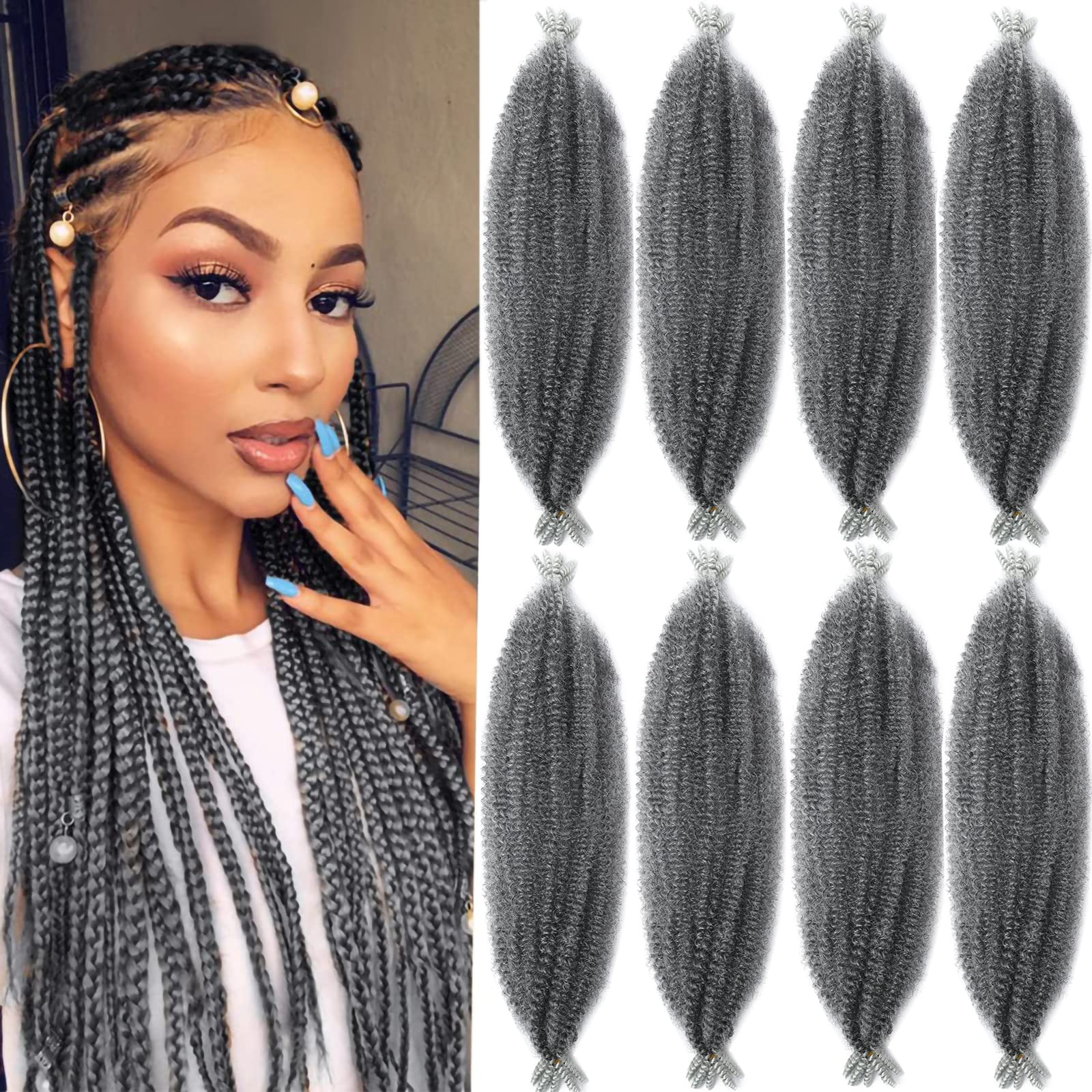 8 Packs T gray Pre-Separated Springy Afro Twist Hair Synthetic Marley Twist Braiding Hair for Black Women (T gray, 24 Inch (Pack of 8))
