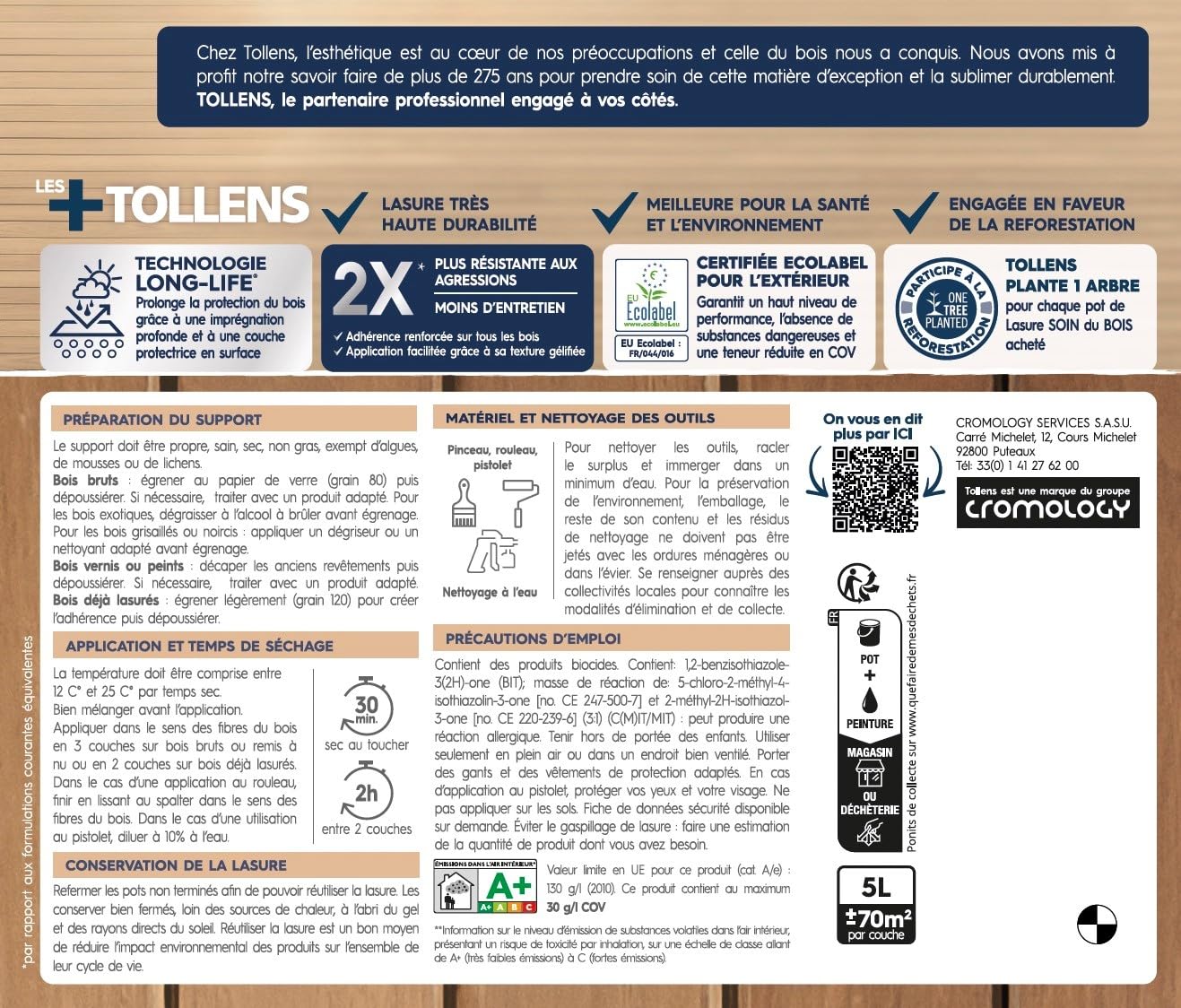 Tollens - Lasure - Ultra Résistante - Adhérence Renforcée - Protège et Décore - Protection Anti-UV - Technologie LONG-LIFE - Satin - Chêne Foncé - 5 L