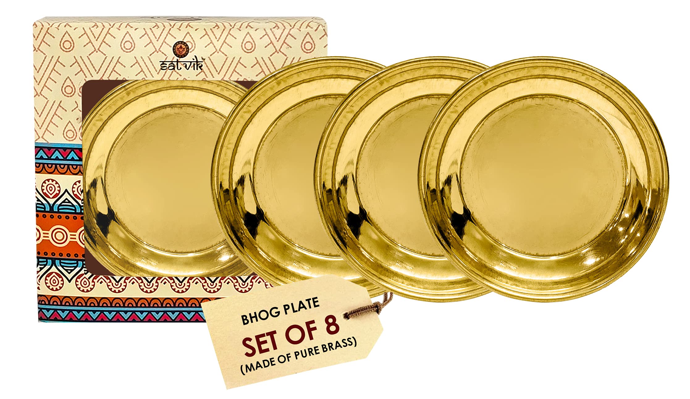SATVIK Set of 8 Pc Pure Brass Pujan Prasad Bhog Thali Mandir Temple Indian Hindu Rituals Diwali Festive Kahnaji Bhog Puja Plate