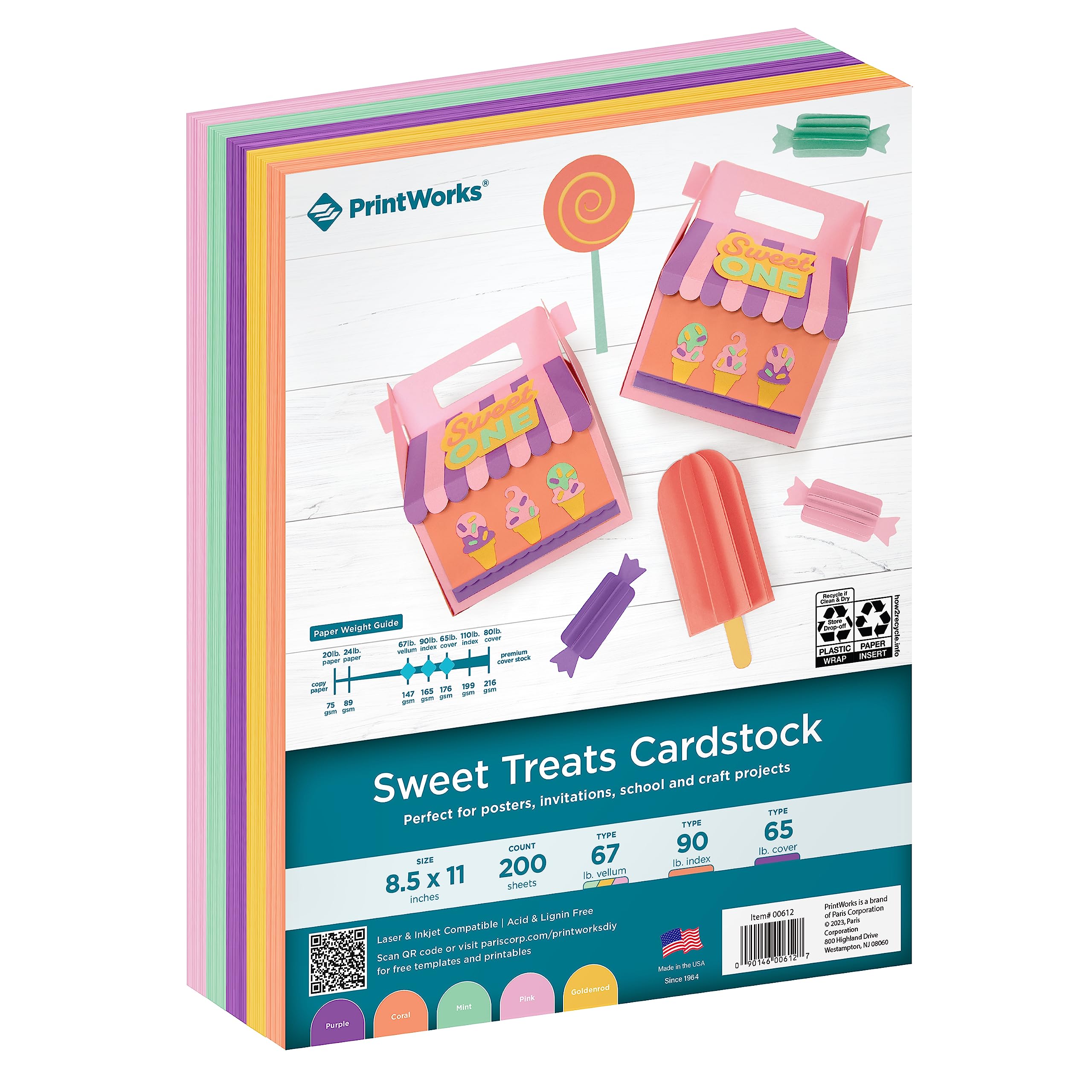 PrintWorks Cartulina Sweet Treats, 5 colores surtidos, núcleo sólido, 200 hojas, 8.5 x 11 pulgadas (00612)