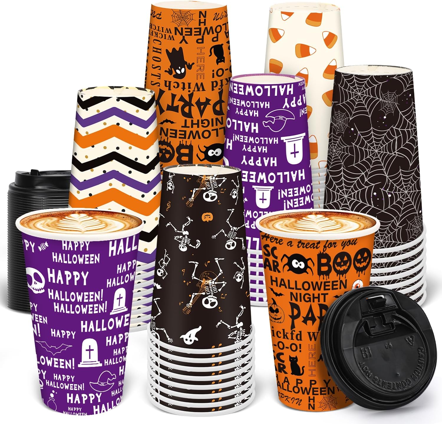 96 Pcs 48 Sets Halloween Disposable Coffee Cups 16oz Disposable Paper Cups with Lids, 6 Halloween Styles Ghost, Spooky Pumpkin. Suitable for Hot and Cold Drinks, Cosplay Party Decoration Supplies