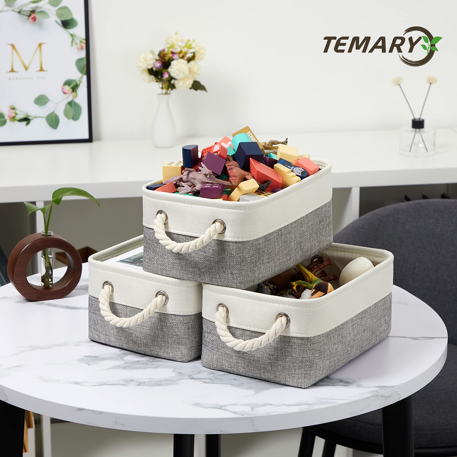 Temary Kleine Aufbewahrungskörbe aus Stoff, dekorativ, faltbar, Geschenkkörbe, leer für Zuhause, 6 Stück, Weiß und Grau, 30 x 20 x 13,5 cm (L x B x H)
