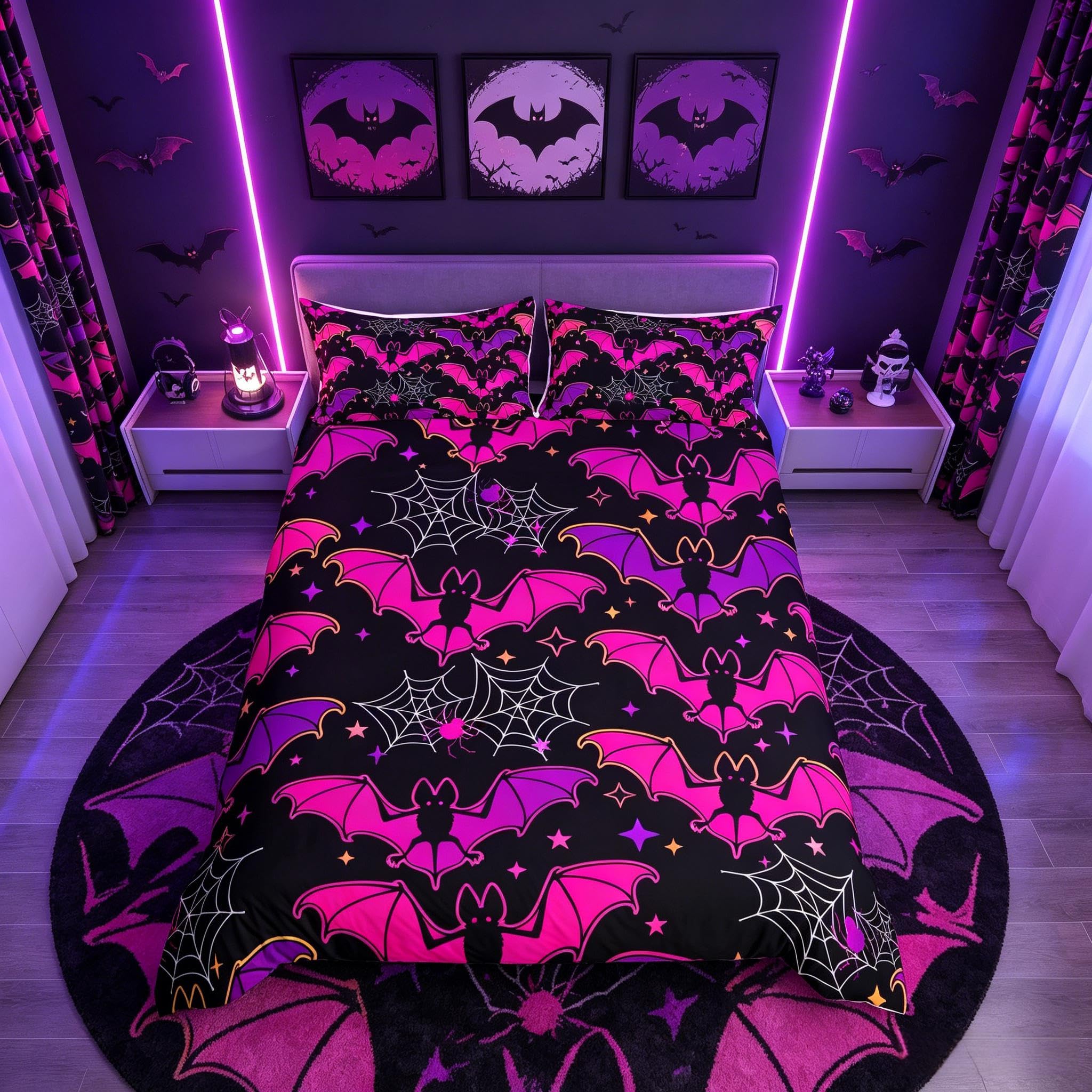 Homemissing Bat Duvet Cover Set Halloween Trippy Bedding Set for Kids Boys Girls Spider Web Comforter Cover Set Microfiber Pink Black Bedspread Cover Bedroom Bedclothes Double