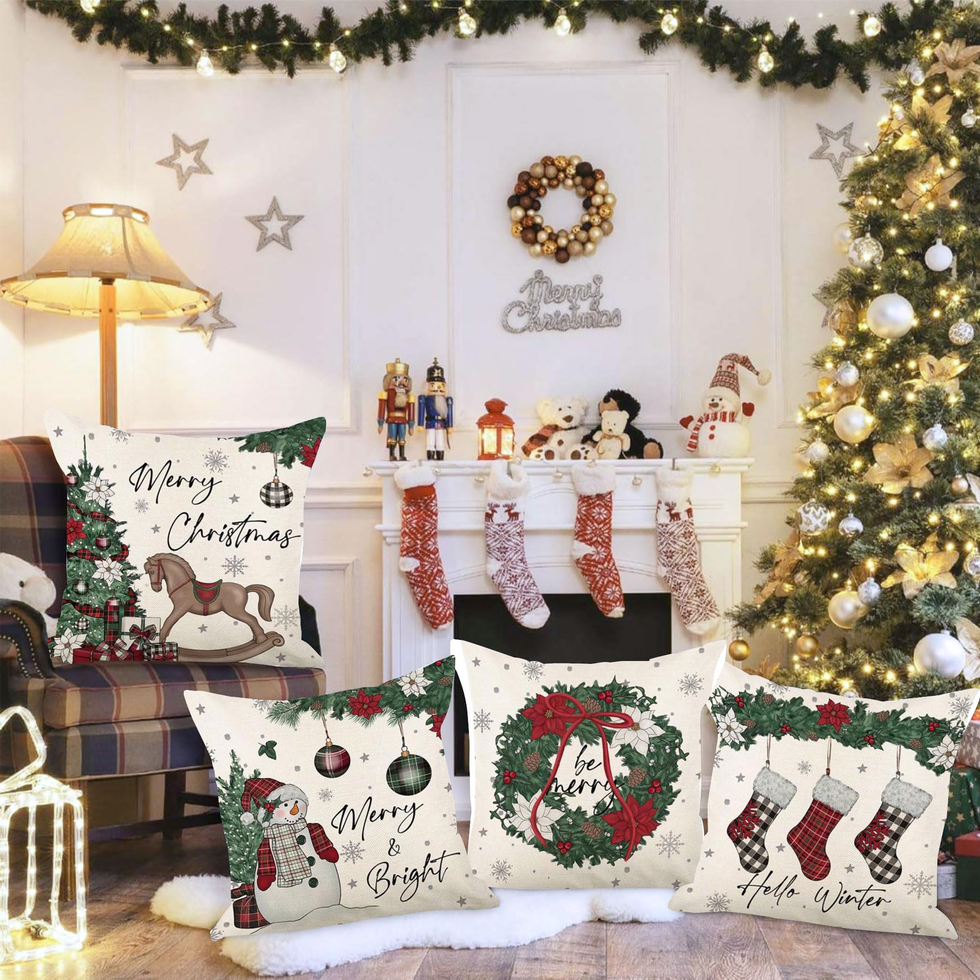 Set di 4 federe per cuscini natalizi, 45 x 45 cm, ghirlanda di Natale, cavallo, pupazzo di neve, calza di Natale, decorazione invernale per divano