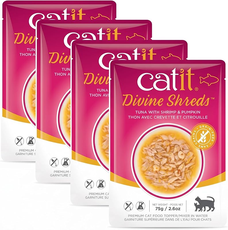 Catit Divine Shreds Sachê para Gatos com Atum, Camarão e Abóbora, Pacote com 4