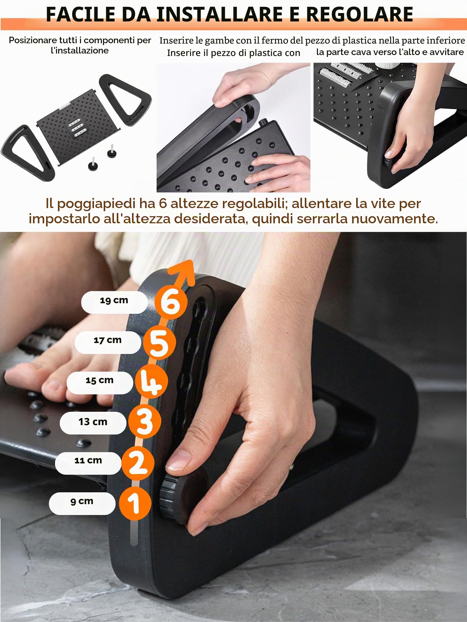 Poggiapiedi Ergonomico per Ufficio, Supporto per i Piedi per Scrivania Regolabile, Antiscivolo, Poggiapiedi con Funzione Massaggio, Migliora la Postura e la Circolazione, Ideale per Lavoro e Casa