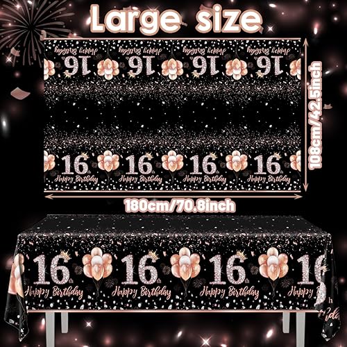 Miniatura 3 de GREHUMOR 3 manteles de fiesta de cumpleaños de 16 años para niñas, color oro rosa, suministros de fiesta de cumpleaños de 16 años, cubierta de mesa