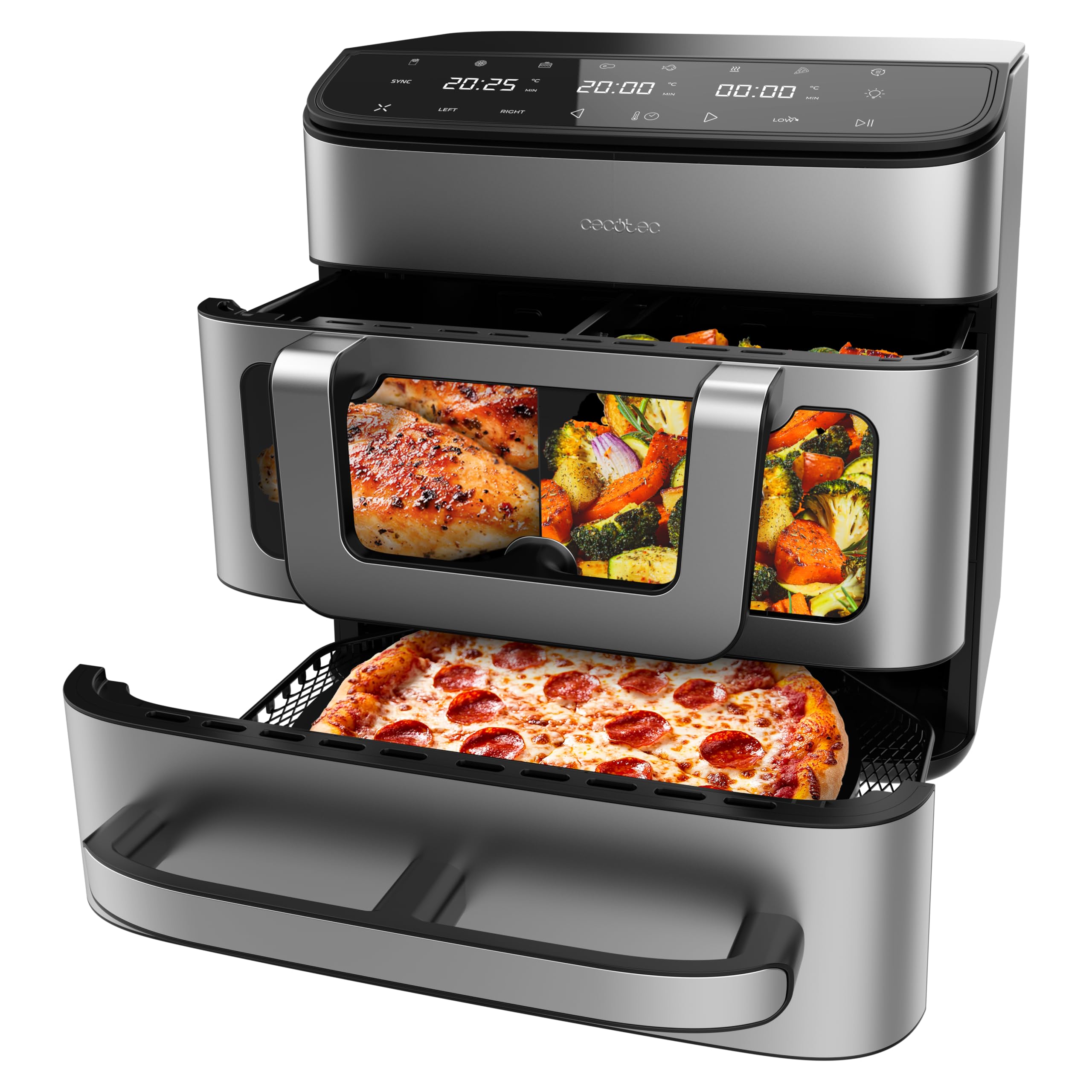 Cecotec Cecofry FoodCourt 18000 4Pizza Air Fryer 18 l Air Fryer 18000 4Pizza 2700 W, Backofen 30 cm, Temperatur max. 230 °C, 9 l Trennwand und 200 °C, Sync-Funktion, Pizzastein, Farbdisplay, Edelstahl