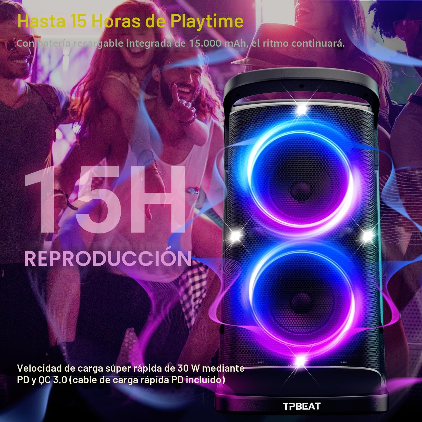 TPBEAT Altavoz Bluetooth Portatil Potente, 160W Partybox, Sonido Fuerte, Punchy Bass, Altavoz Bluetooth Grande con Espectáculo de luz LED, Carga Rápida, 15h de Juego, Memoria USB para Party, AUX, EQ