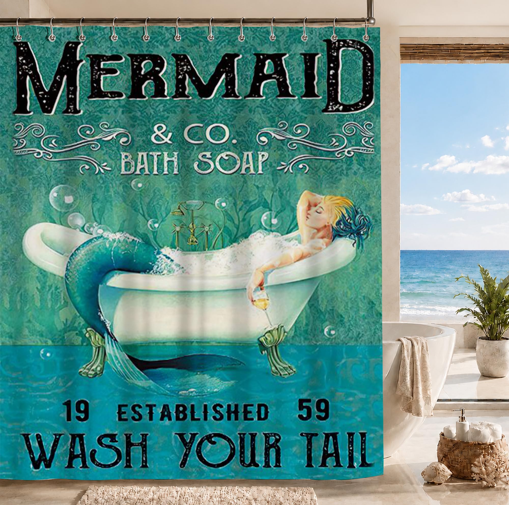 Famiffty Blue Mermaid Ocean Shower Curtain Mermaid Bathroom Set 72Wx72L Inch Little Mermaid Shower Curtain Green Wash Your Tail Funny Bathtub Bubble Waterproof Polyester Fabric 12 Plastic Hooks — image 1