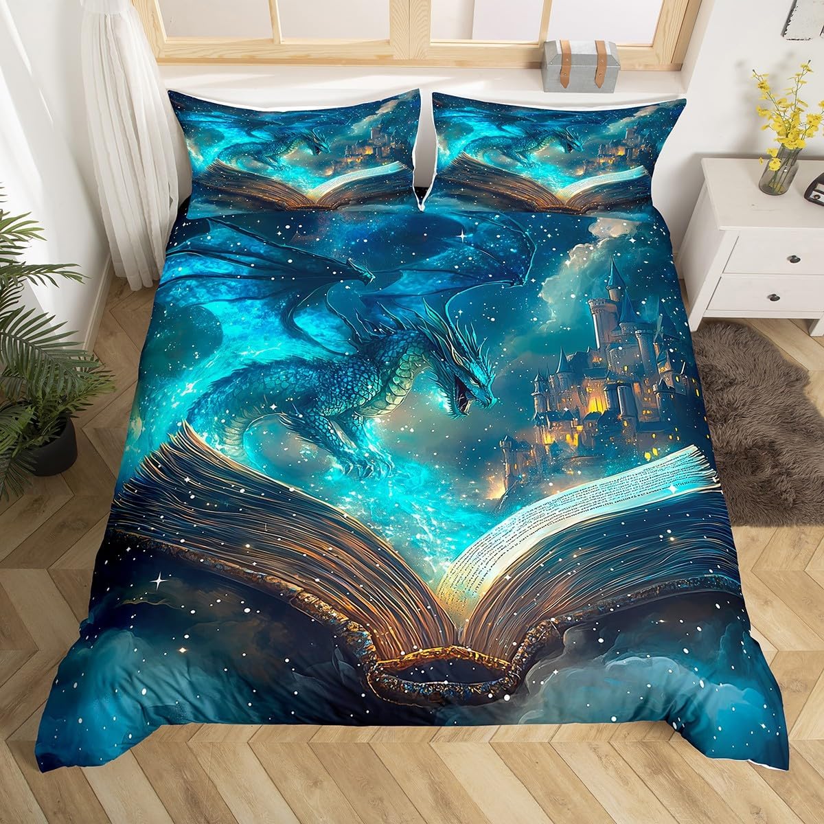 Flying Dragon Duvet Cover Set Twin Size Magical Book Pattern Bedding Set for Kids Teens Vintage Mid-Century Castle Comforter Cover Neon Burning Flame Quilt Cover,1 Pillowcase(No Comforter)