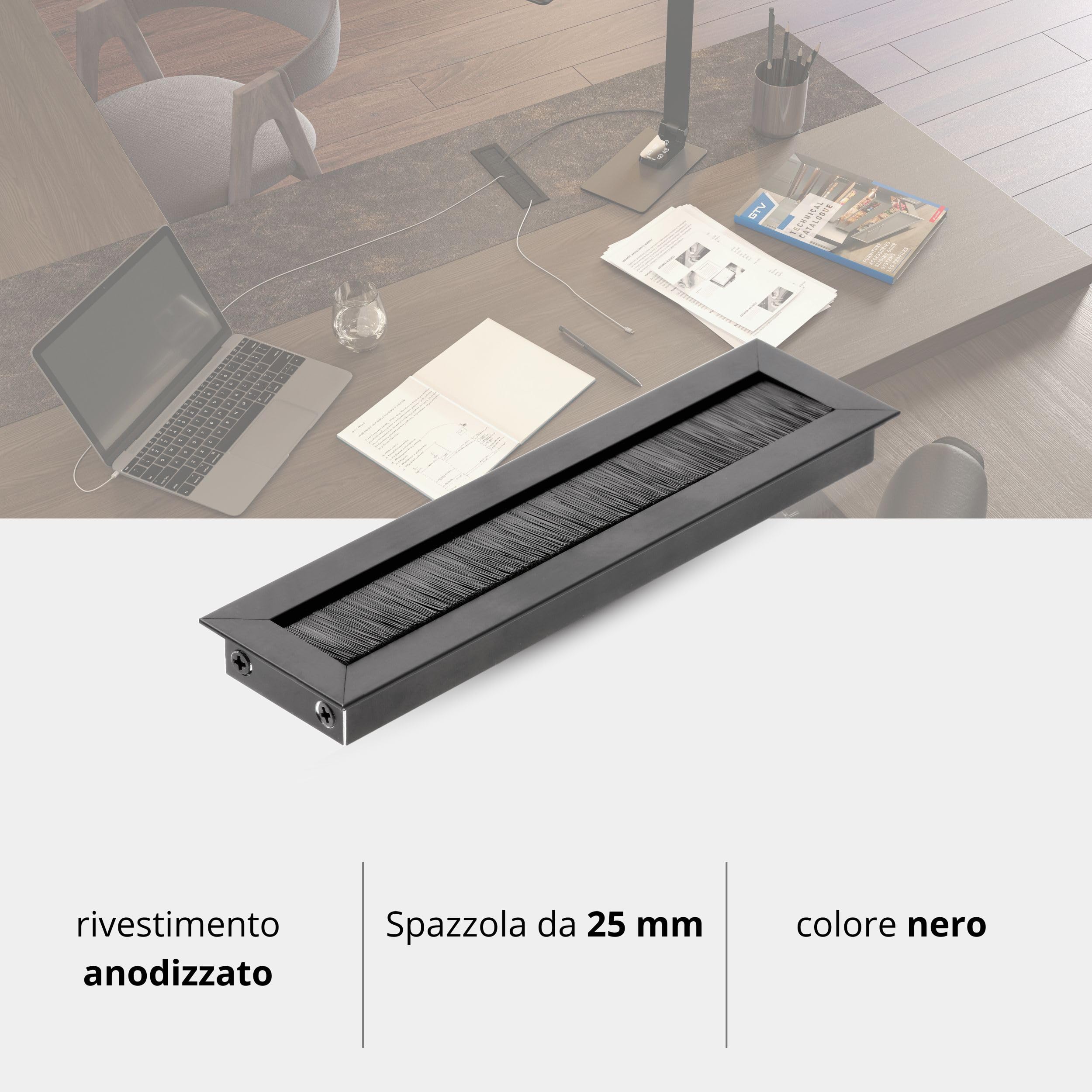 GTV - Passacavo Merida - ingresso e uscita cavi rettangolari, organizzazione per il passaggio dei cavi mobili/progettata per l'installazione sul piano di lavoro/nera