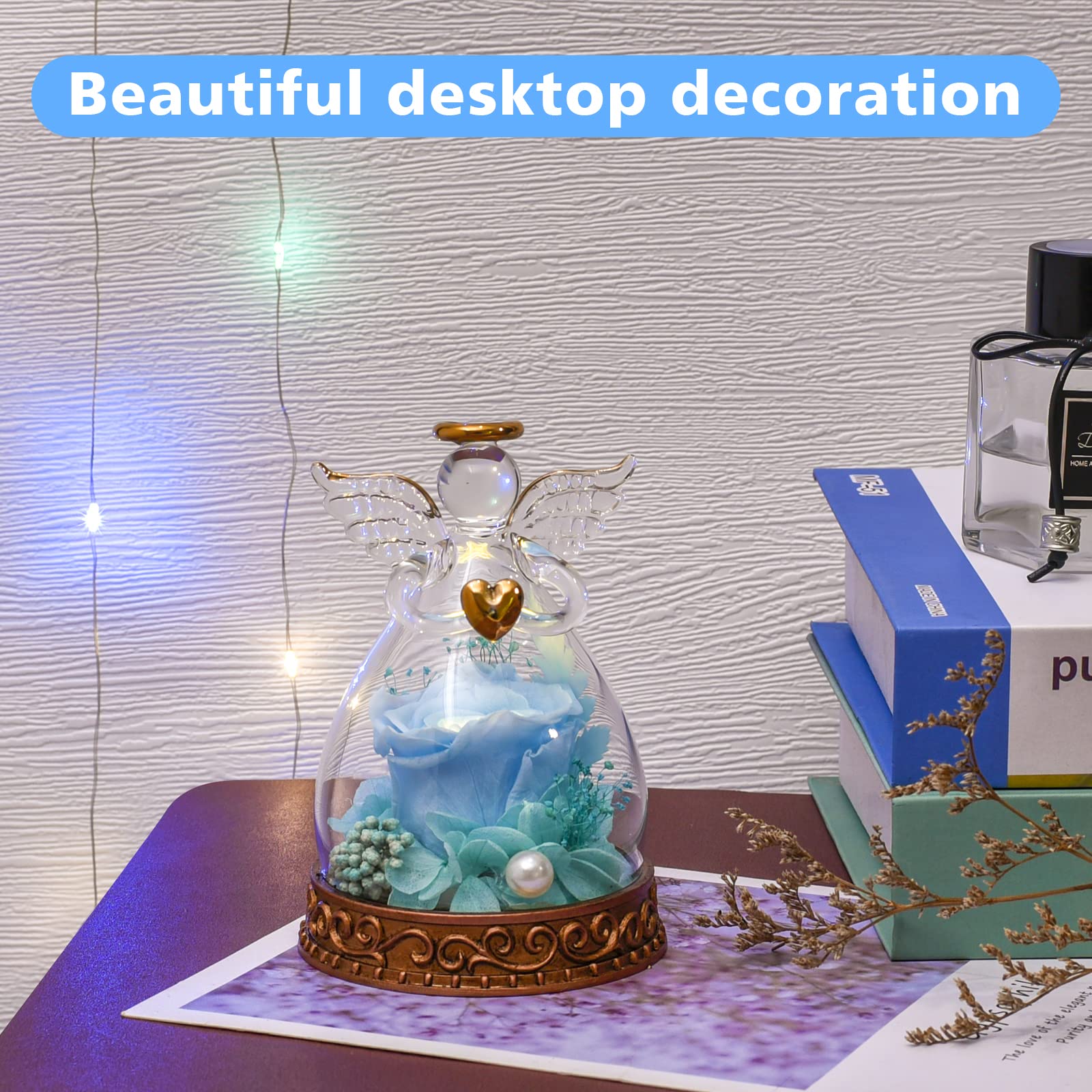 Angelo regalo per donne, mamma, nonna, vera rosa conservata in vetro angelo statuetta con luce LED, 1PSC Rose regalo per festa della mamma, Natale, compleanno, San Valentino (blu)