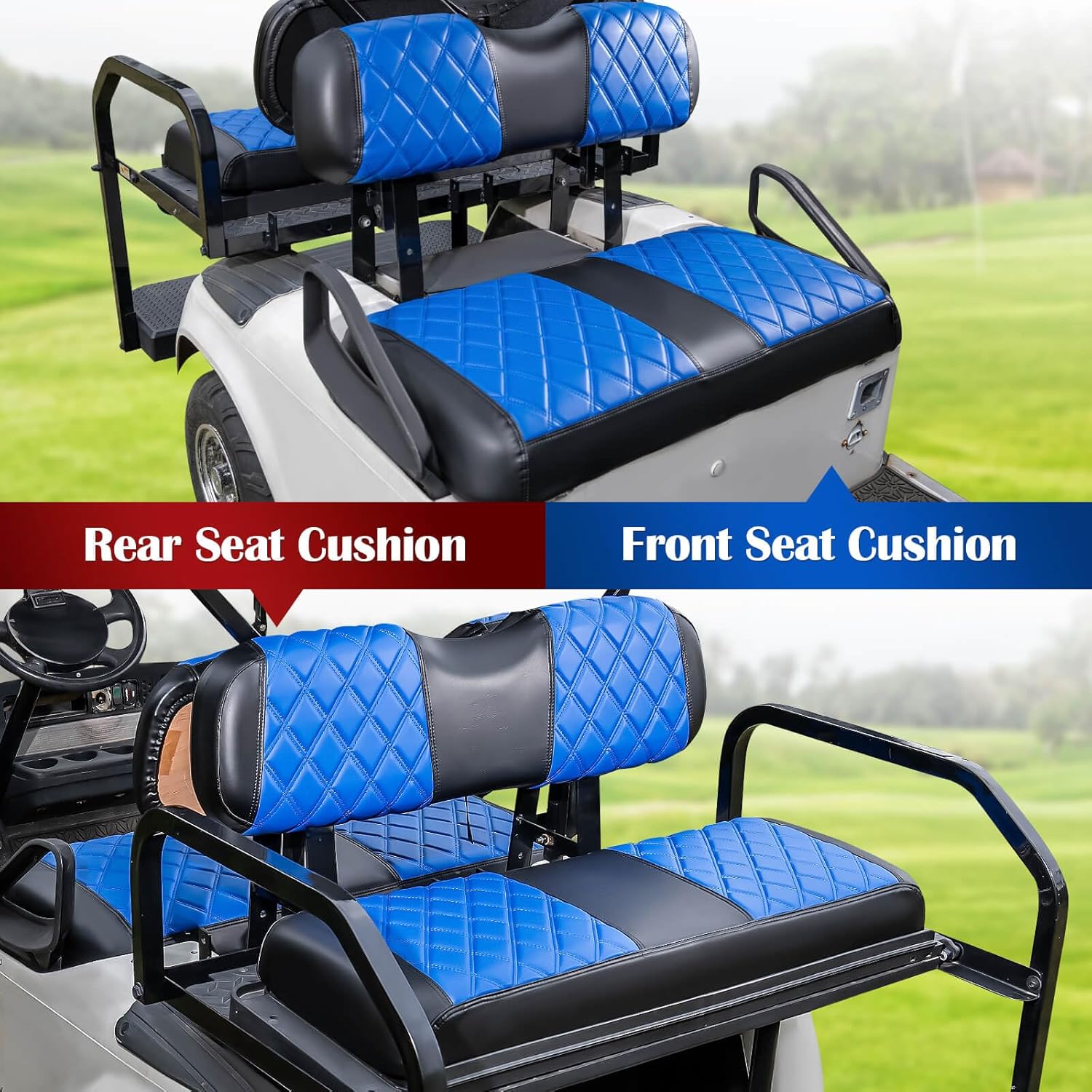 NOKINS 4PCS Golf Cart ET Diamond Seat Covers Kit,Front and Rear Seat Covers for EZGO TXT 1994-2013 Original Regular Seat Cushion, No Stapler, Golf Cart Vinyl Replacement Seat Cover,Blue and Black